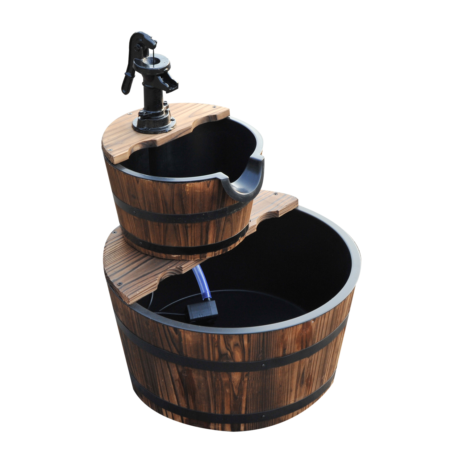 Fontaine à eau extérieure en bois à 2 niveaux - vue d'ensemble avec cascade
