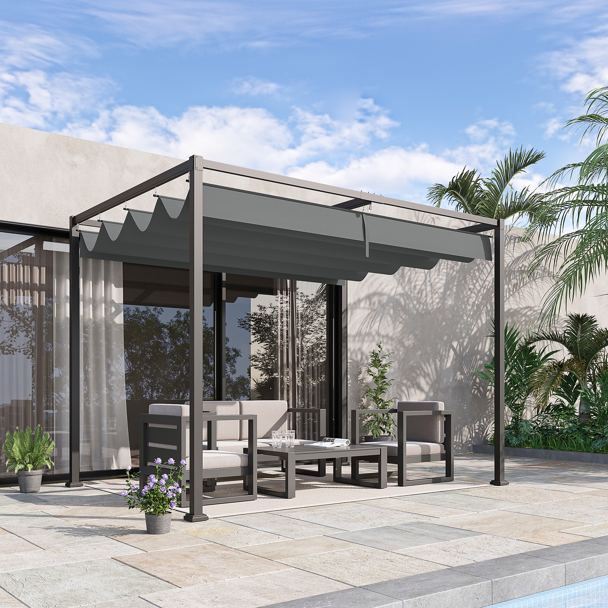 Pergola im Garten mit Tisch und Stühlen – Anwendungsbeispiel