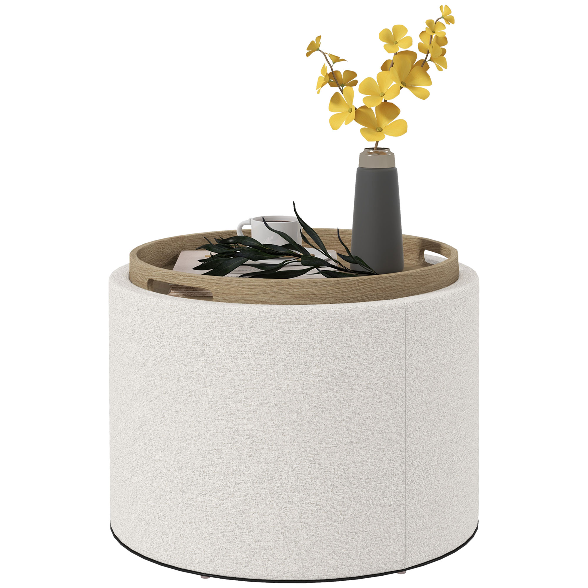 Round Storage Ottoman Coffee Table with Flip Top Tray, Linen Fabric Upholstered Footstool with Hidden Compartment