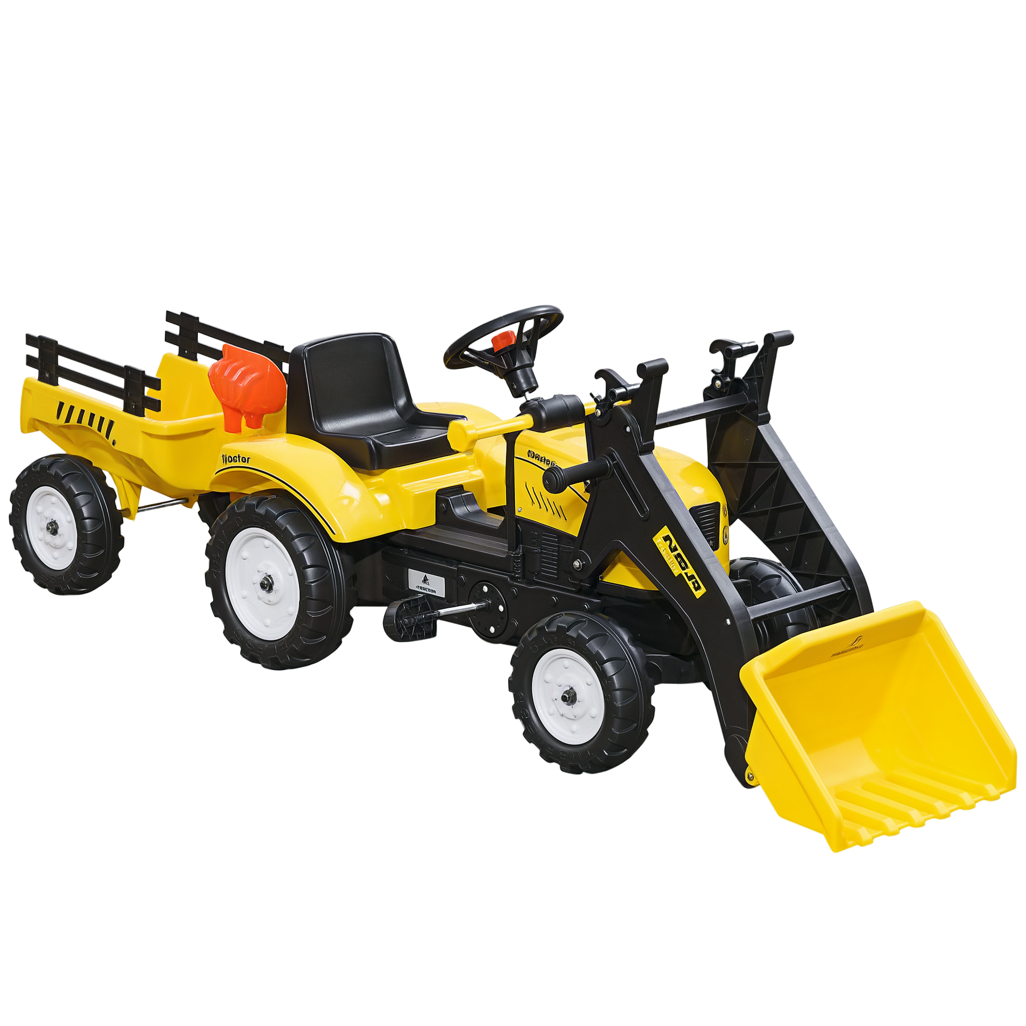 Ride-On Kids Bulldozer/Excavator Toy with Real Working Dirt Bucket, Easy Pedal Controls, 6 Wheels, & Cargo Trailer