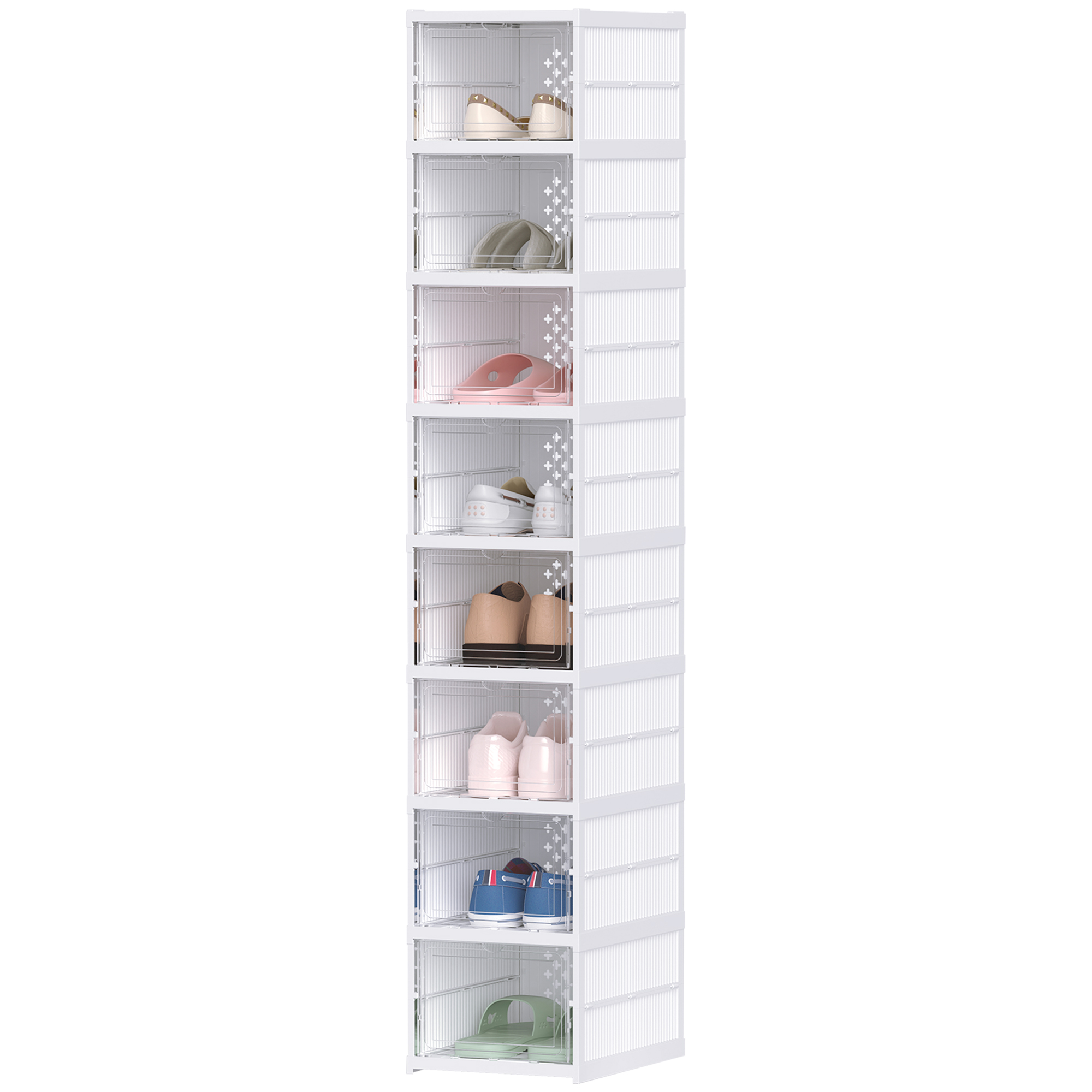 Modulares Schuhregal mit 8 stapelbaren Schuhboxen, platzsparender, faltbarer Schuhorganizer mit transparenter Rückwand, kein Aufbau erforderlich, weiß_voghion.com