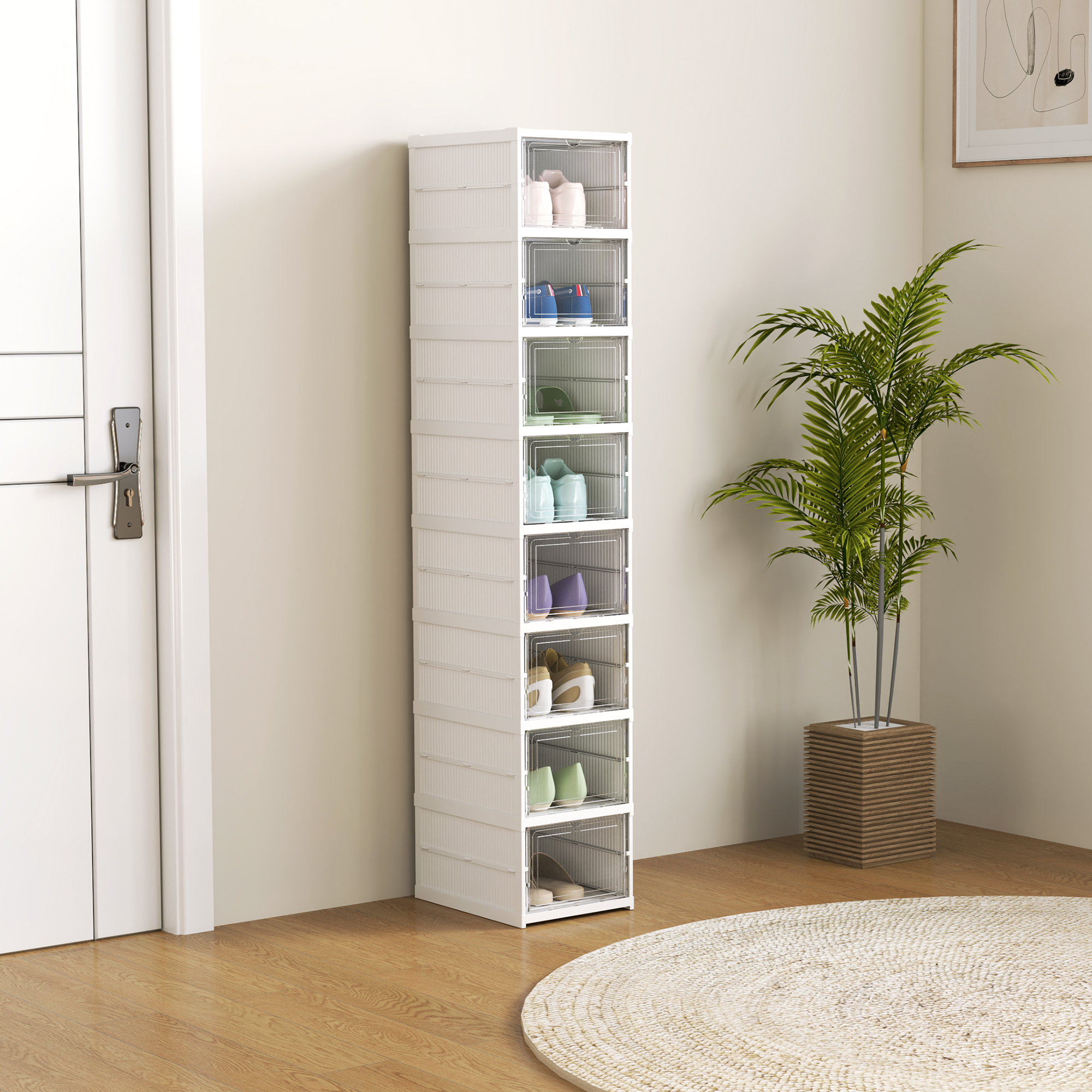 Modulares Schuhregal mit 8 stapelbaren Schuhboxen, platzsparender, faltbarer Schuhorganizer mit transparenter Rückwand, kein Aufbau erforderlich, weiß_voghion.com
