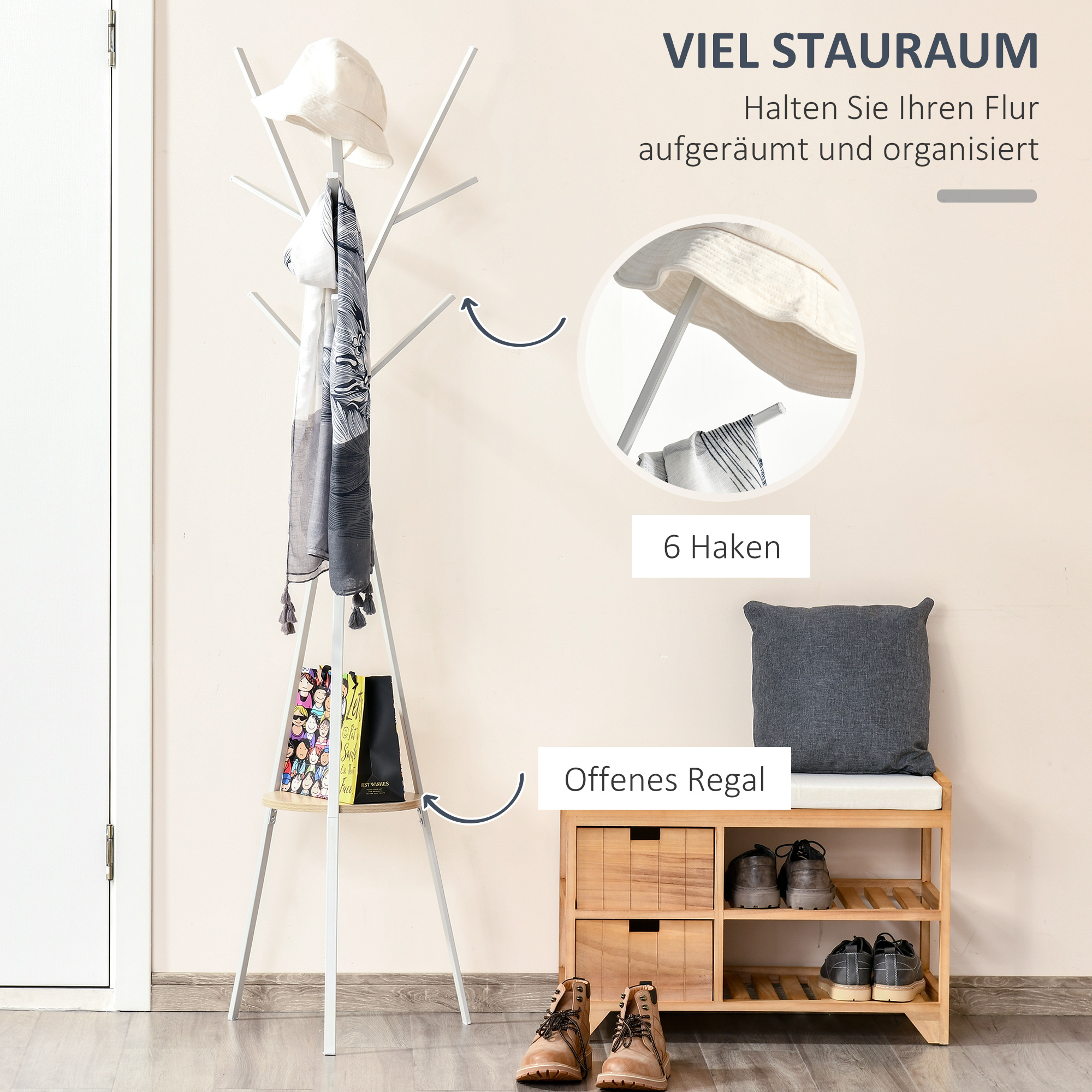 Armoire métallique blanche, 8 crochets + étagère, pour vêtements et chapeaux._voghion.com