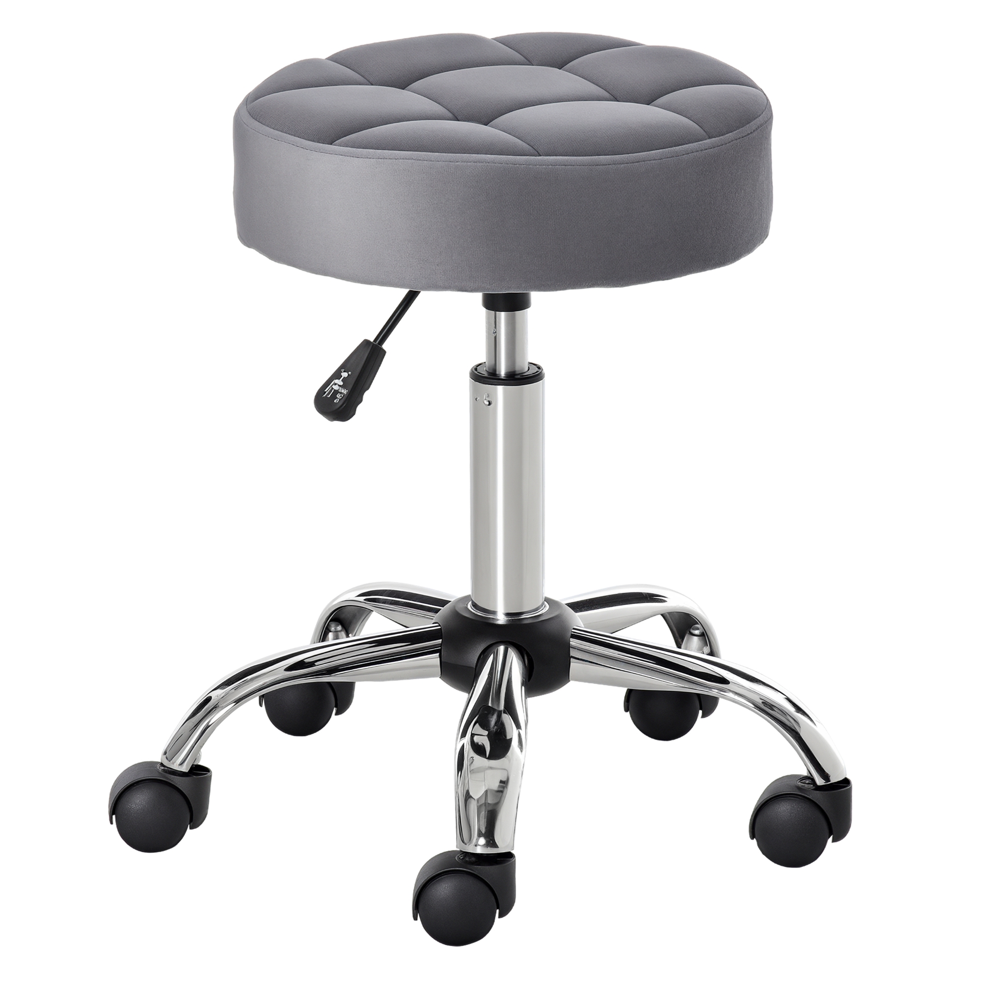 Round Rolling Stool, Height Adjustable Vanity Chair, Upholstery Office Chair with Swivel Seat and Wheels, Grey