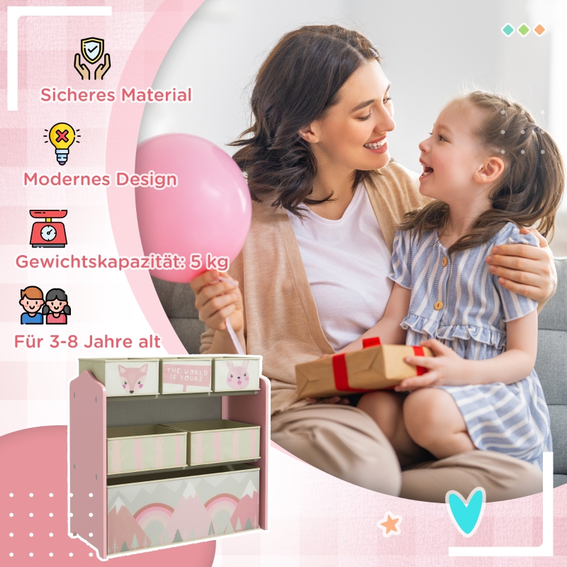 Bambini che giocano e riordinano con lo scaffale rosa