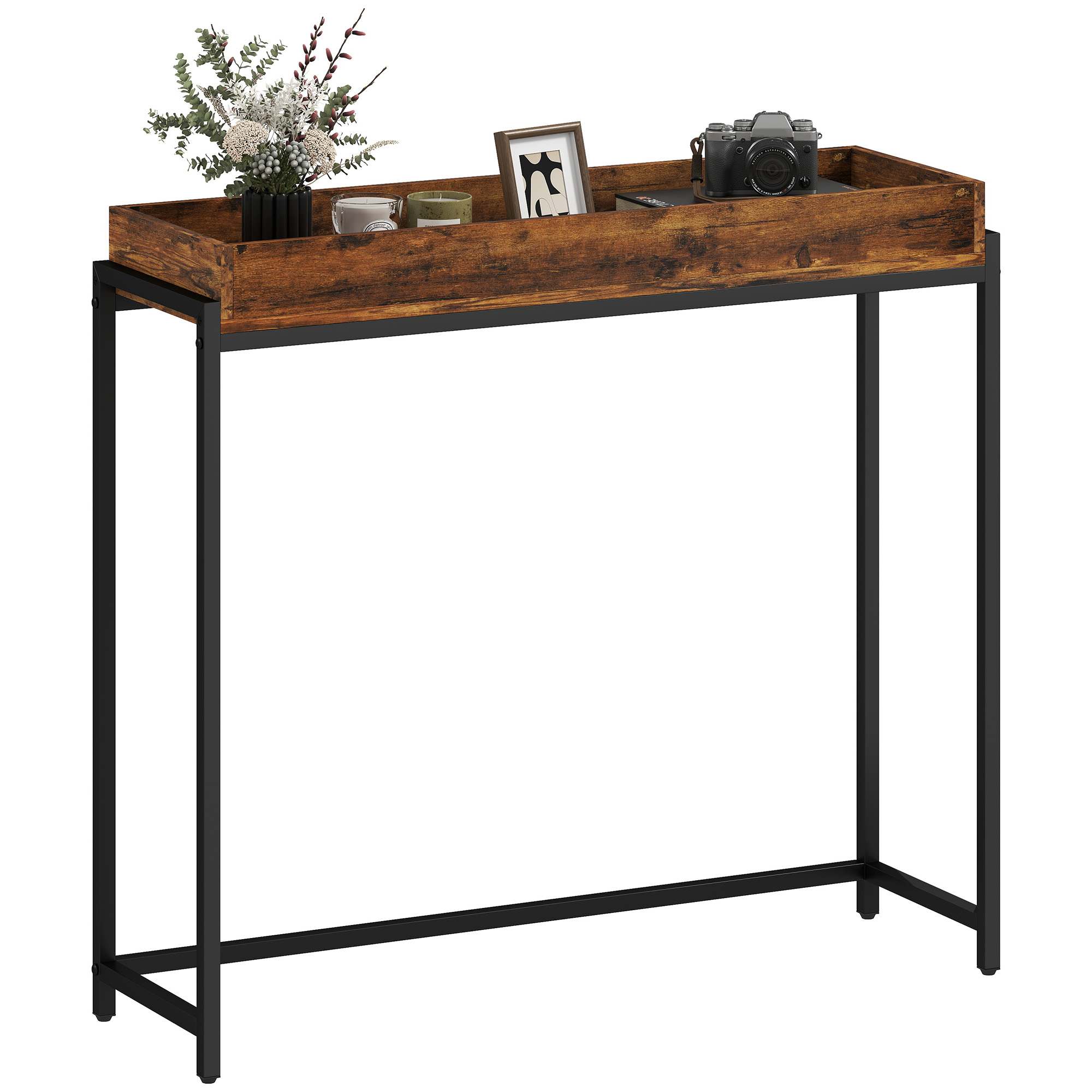 Table console étroite rustique brun vue d'ensemble