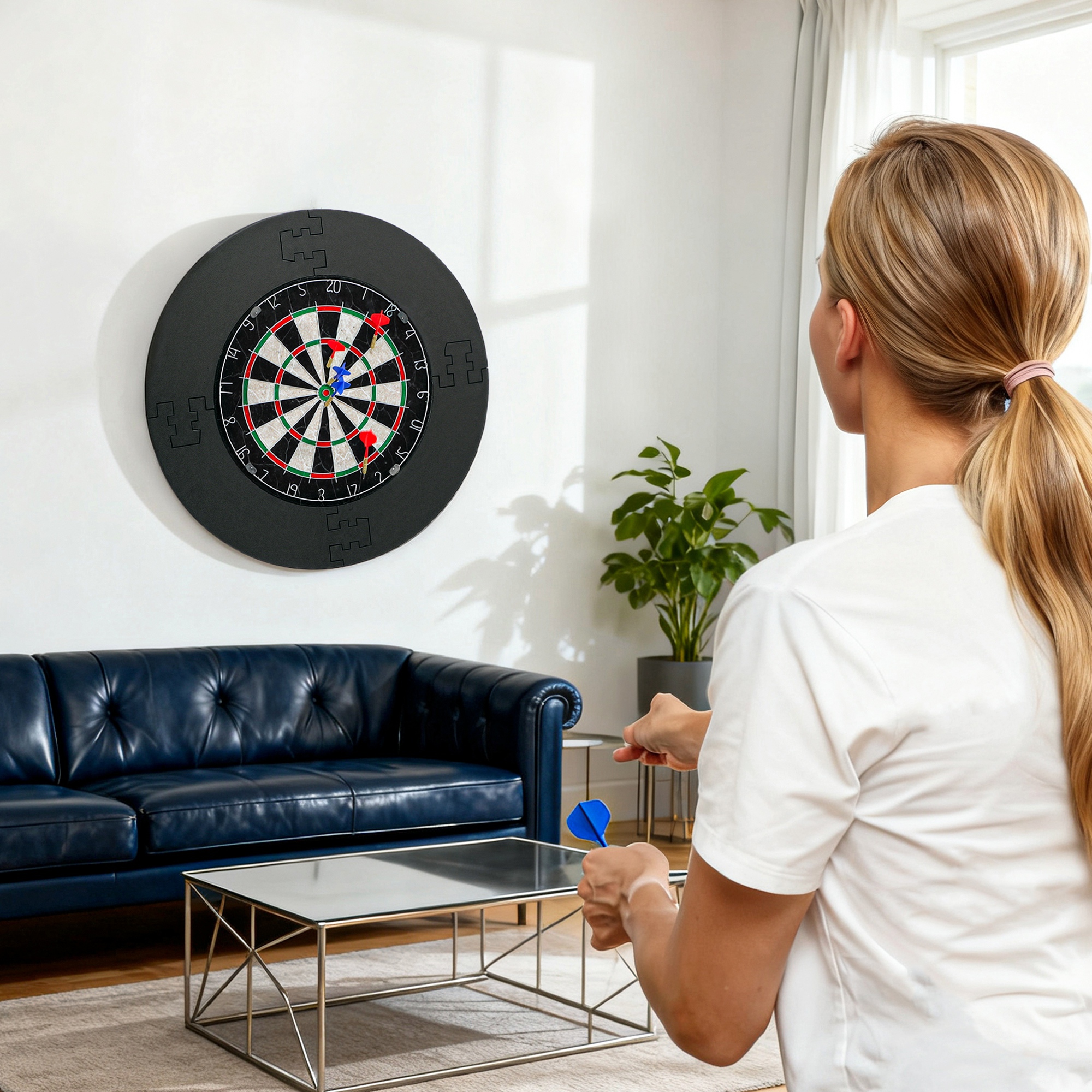 Juego de dardos con aro protector (6 dardos con punta de acero incluidos). Diana de pared para salas de juegos y ocio._voghion.com