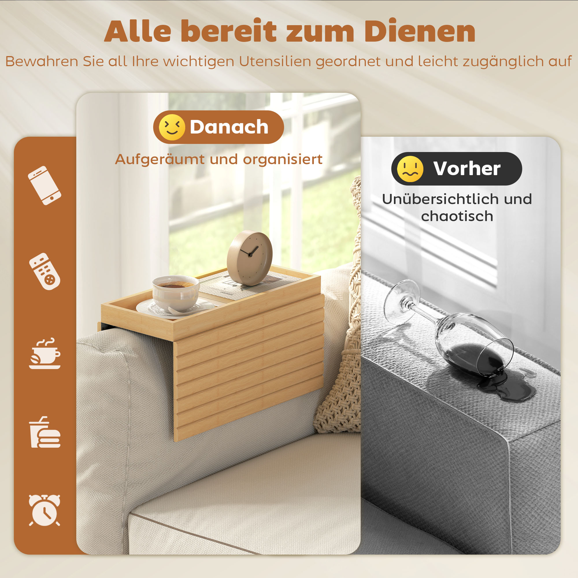 Sofa-Armlehnentablett, für Getränke, Snacks, Fernbedienung, Bambusholz_voghion.com