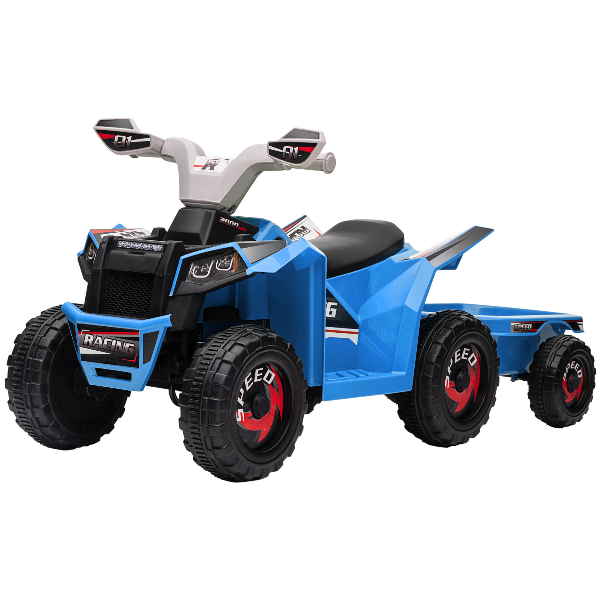 Vista general del quad azul para niños con remolque