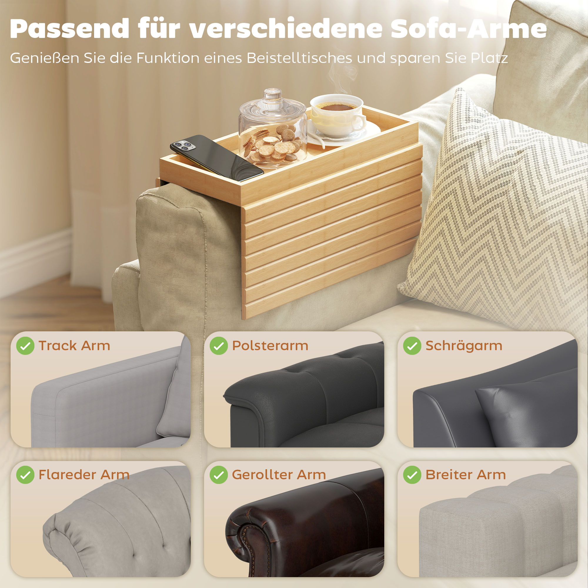 Sofa-Armlehnentablett, für Getränke, Snacks, Fernbedienung, Bambusholz_voghion.com