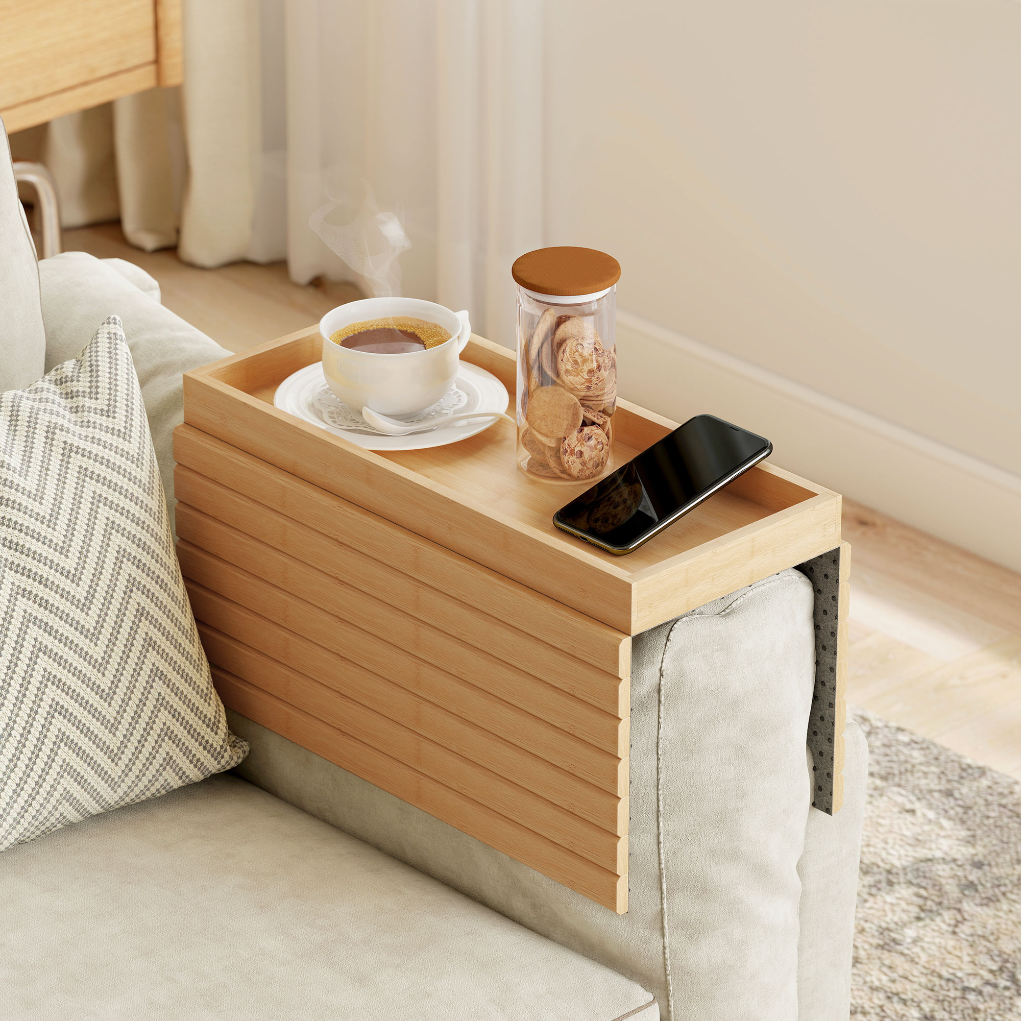 Sofa-Armlehnentablett, für Getränke, Snacks, Fernbedienung, Bambusholz_voghion.com