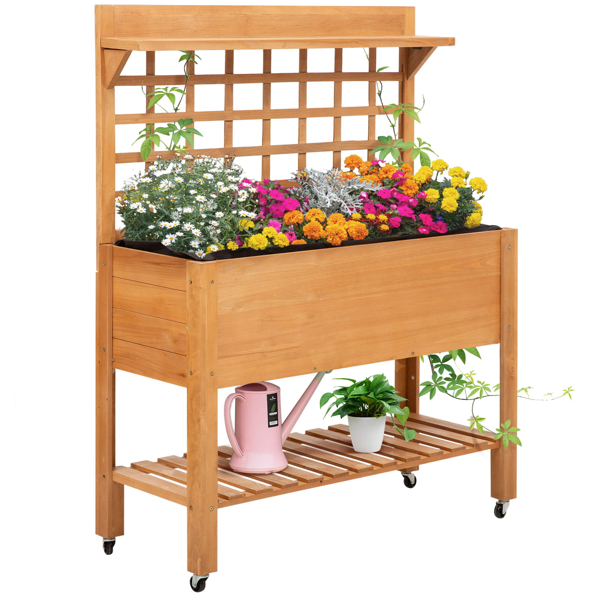 41"x18"x53" Elevated Garden Raised Bed with Shelf and Wheels Solid Wood Planter Flower Herb Boxes for Vegetables Flower Outdoor/Indoor - Brown