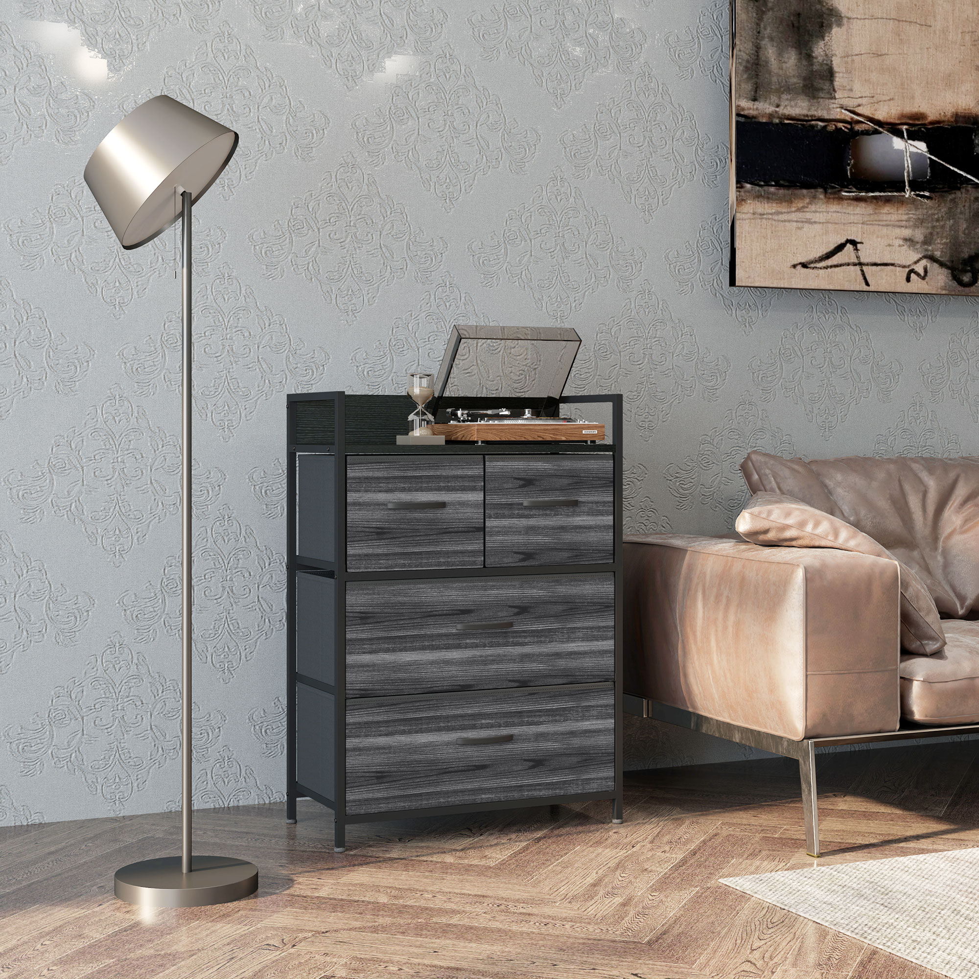 Kommode, Sideboard, 4 Stoffschubladen, Industriedesign, 60 x 29 x 85 cm, Schwarz_voghion.com