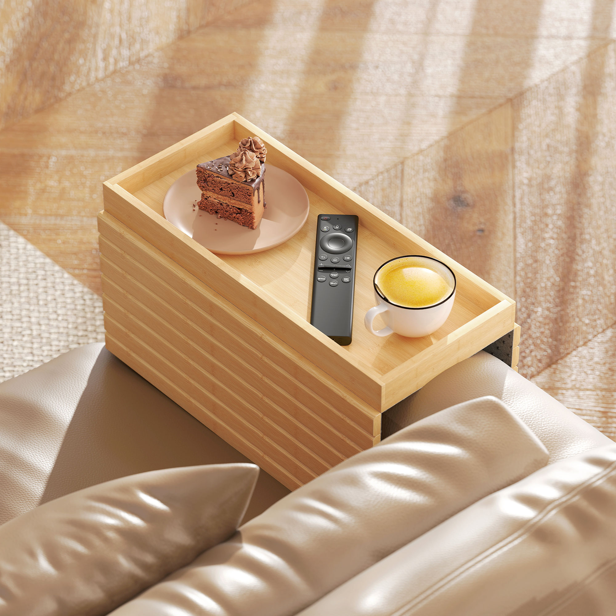 Sofa-Armlehnentablett, für Getränke, Snacks, Fernbedienung, Bambusholz_voghion.com