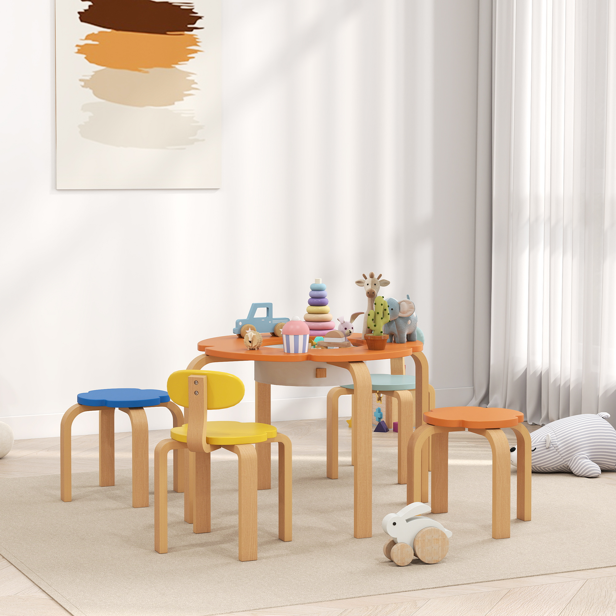 Set Table et Chaises Enfant 5 Pièces avec Tissu de Rangement Central, Motifs Fle