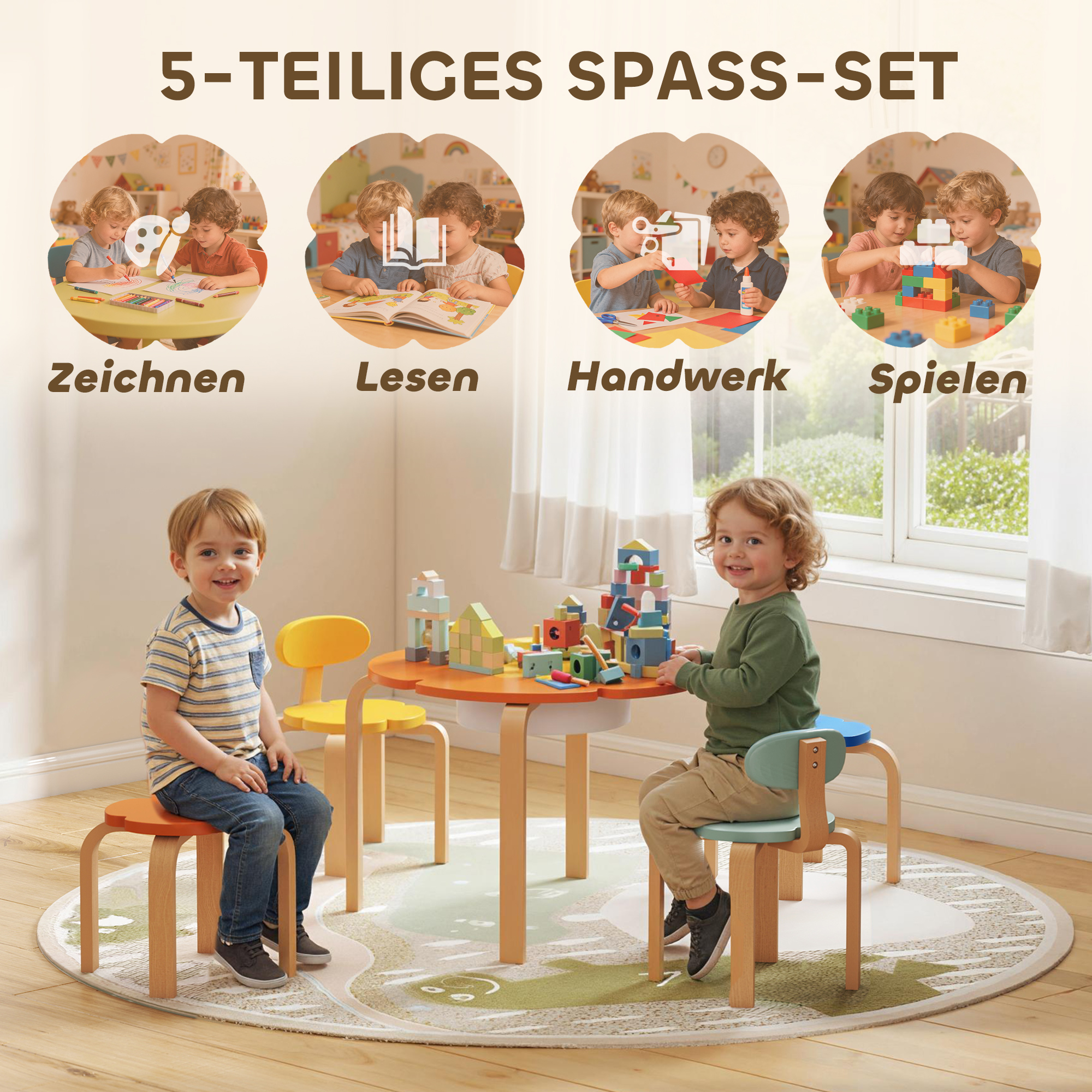 Set Table et Chaises Enfant 5 Pièces avec Tissu de Rangement Central, Motifs Fle