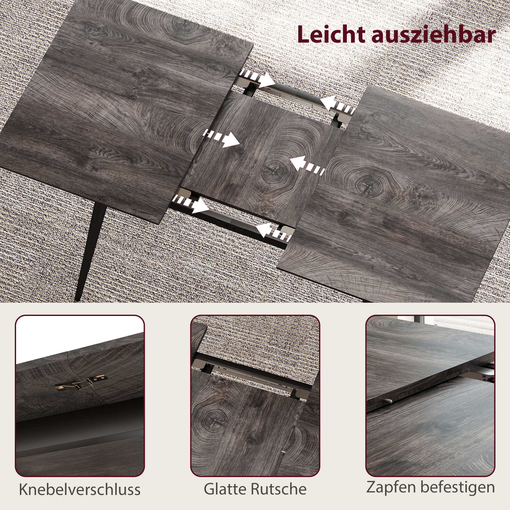 Ausziehbarer Esstisch, Ausziehtisch für 6-8 Personen, Küchentisch mit Beinen aus massivem Stahl_voghion.com