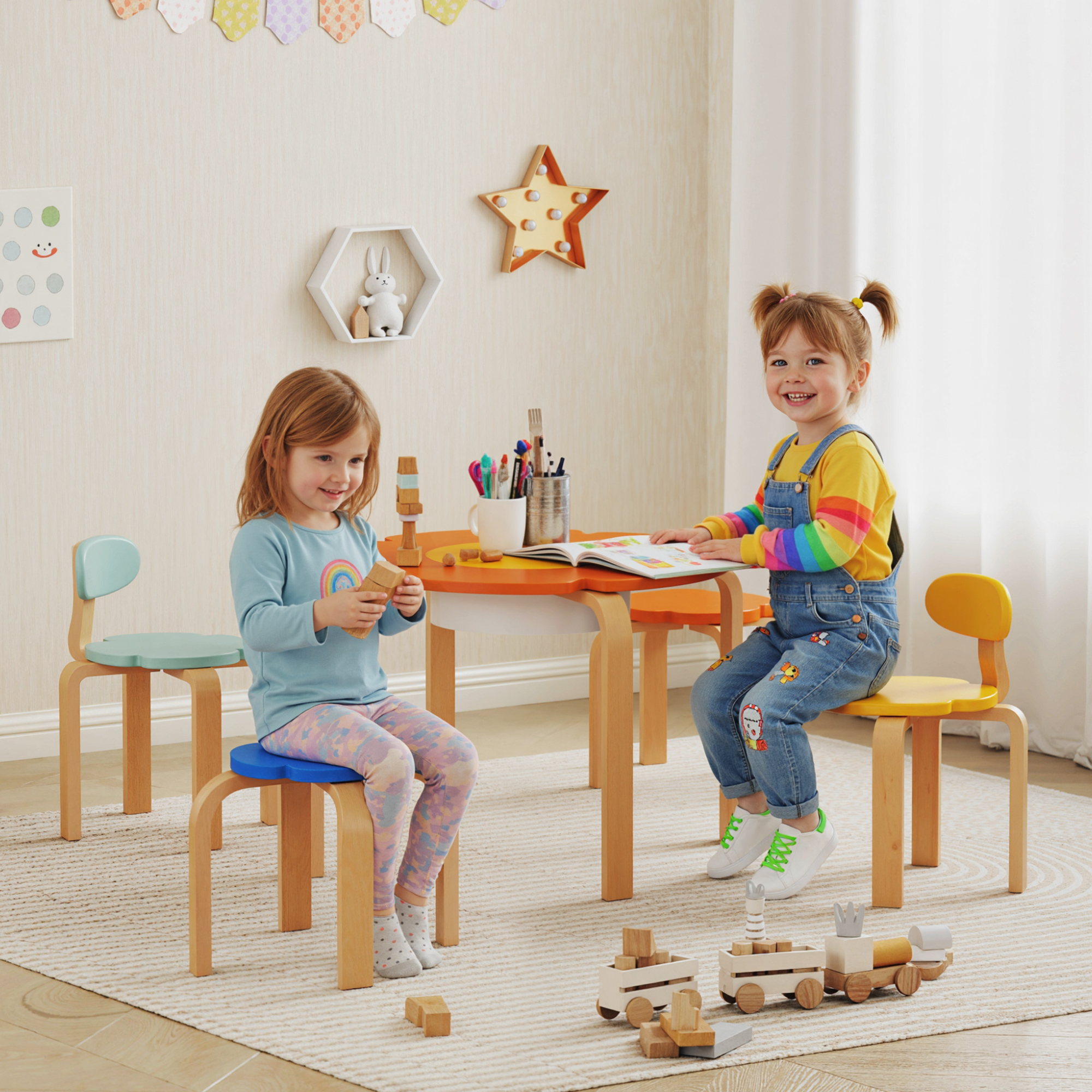 Set Table et Chaises Enfant 5 Pièces avec Tissu de Rangement Central, Motifs Fle