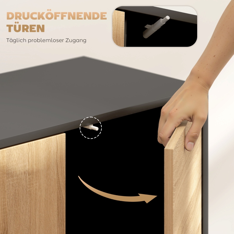 Mueble de comedor negro y madera en ambiente de salón