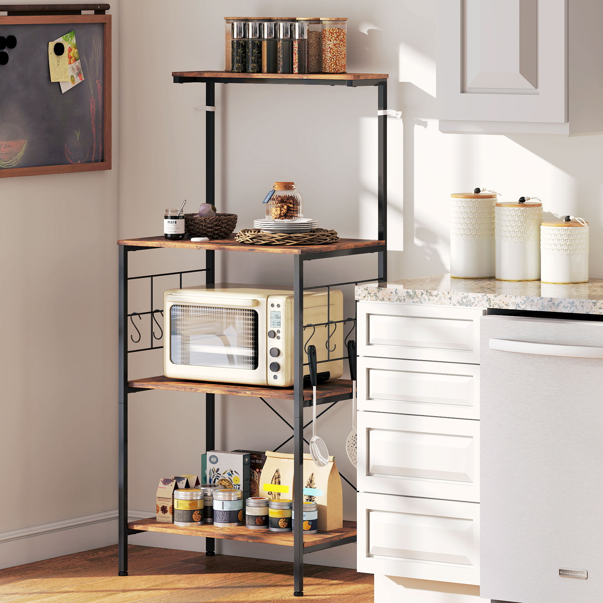 Küchenregal, 4-stufig, Arbeitsplatte, 8 Haken, Metallrohre, Braun+Schwarz_voghion.com