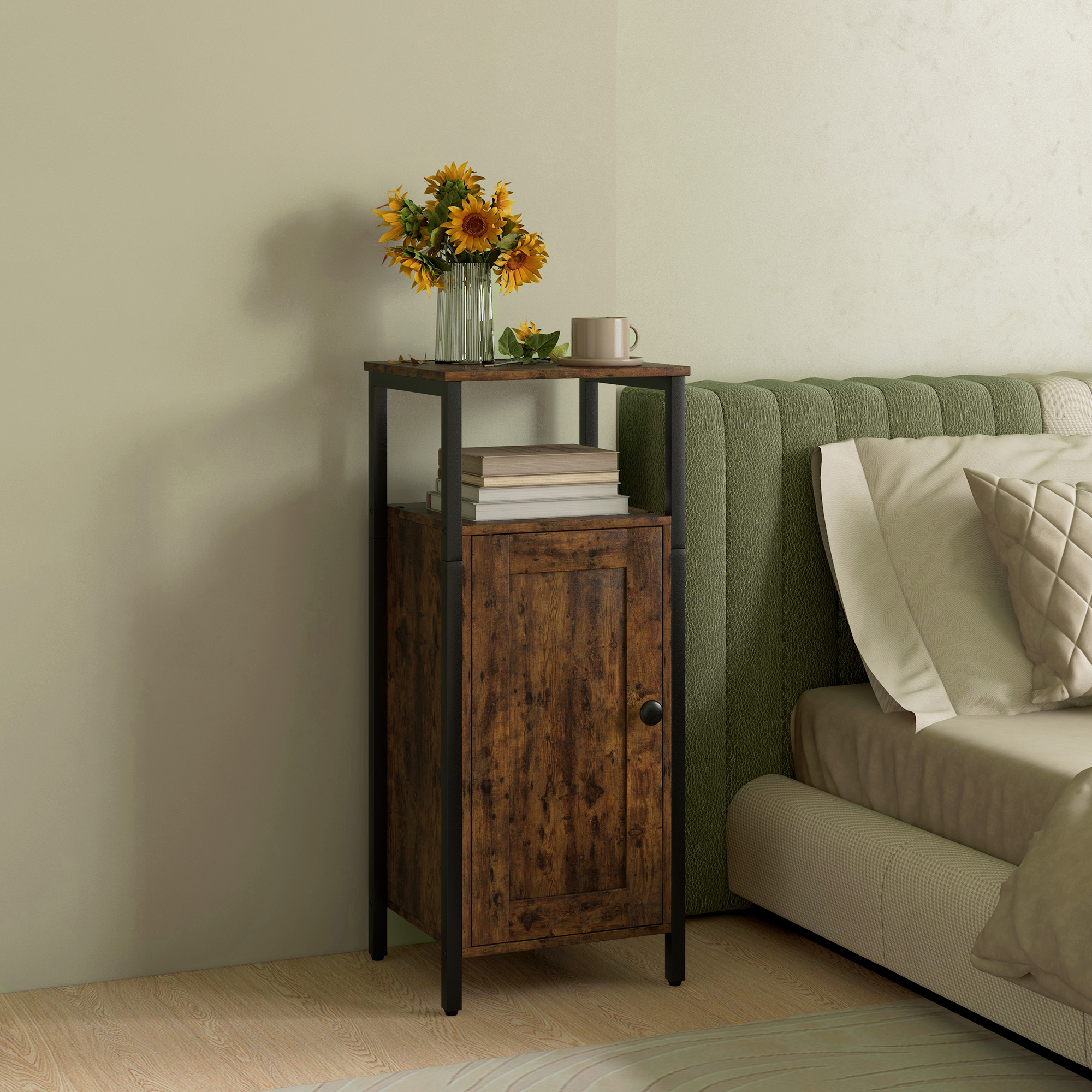 Beistelltisch mit Stauraum, 2 offene Regalfächer, 3-fach höhenverstellbar, Magnetverschluss, braun_voghion.com