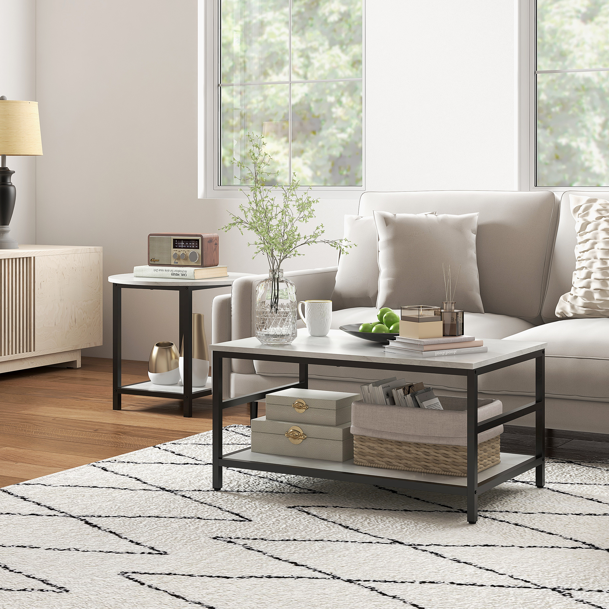 Couchtisch-Set, 2 Beistelltische, Marmoroptik, verstellbare Füße, Stahl, Schwarz/Weiß_voghion.com