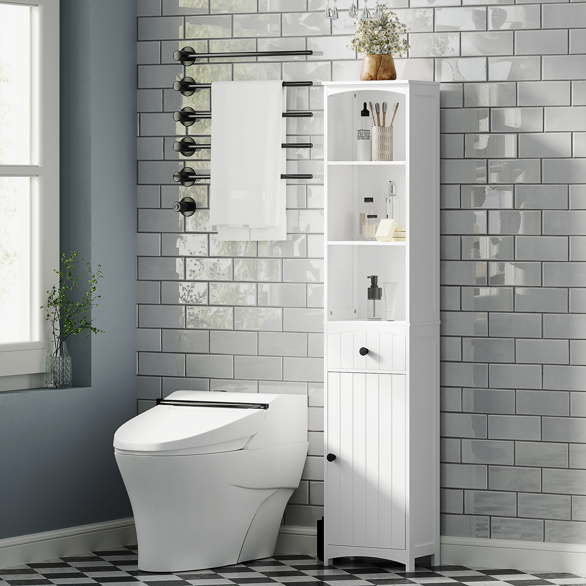 Badezimmerschrank mit 3 Einlegeböden, 1 Schublade, robust, MDF, weiß_voghion.com