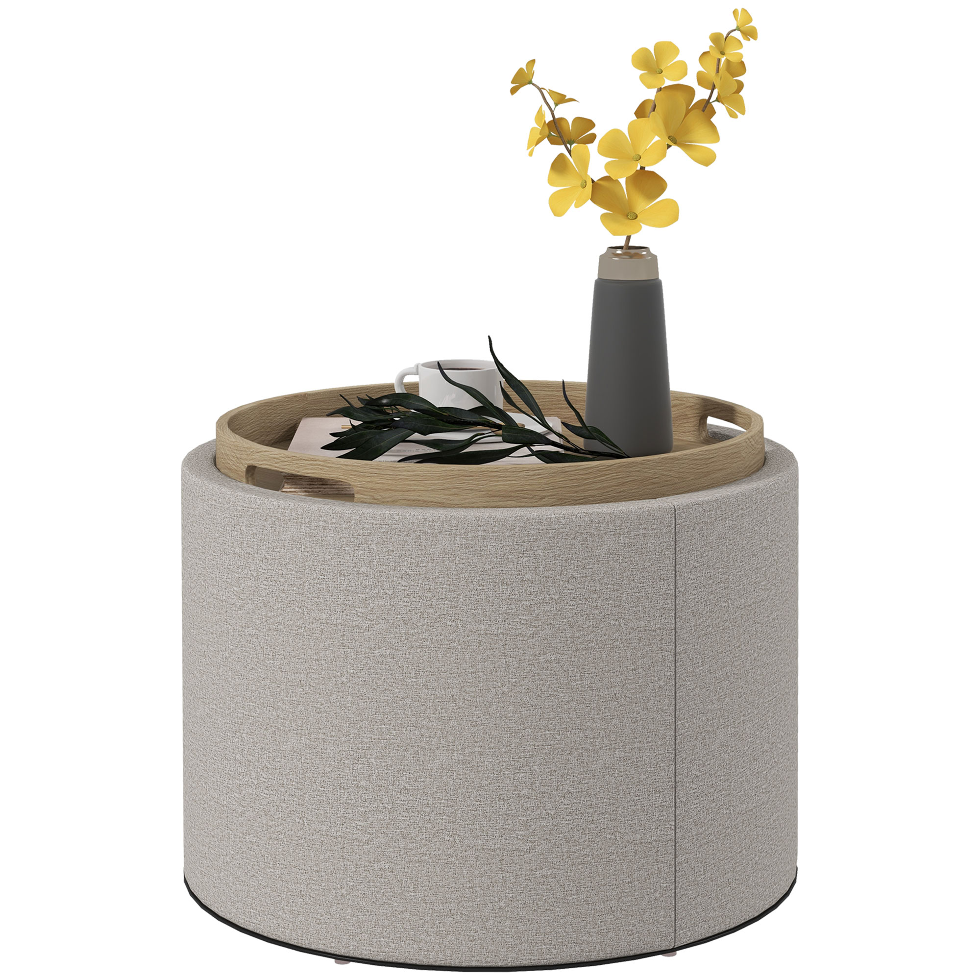Round Storage Ottoman Coffee Table with Flip Top Tray, Linen Fabric Upholstered Footstool with Hidden Compartment