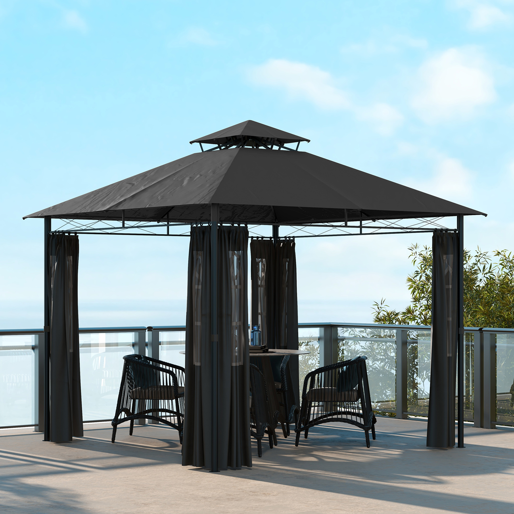 Pavillon gris foncé avec rideaux fermés, installé sur une terrasse avec salon de jardin