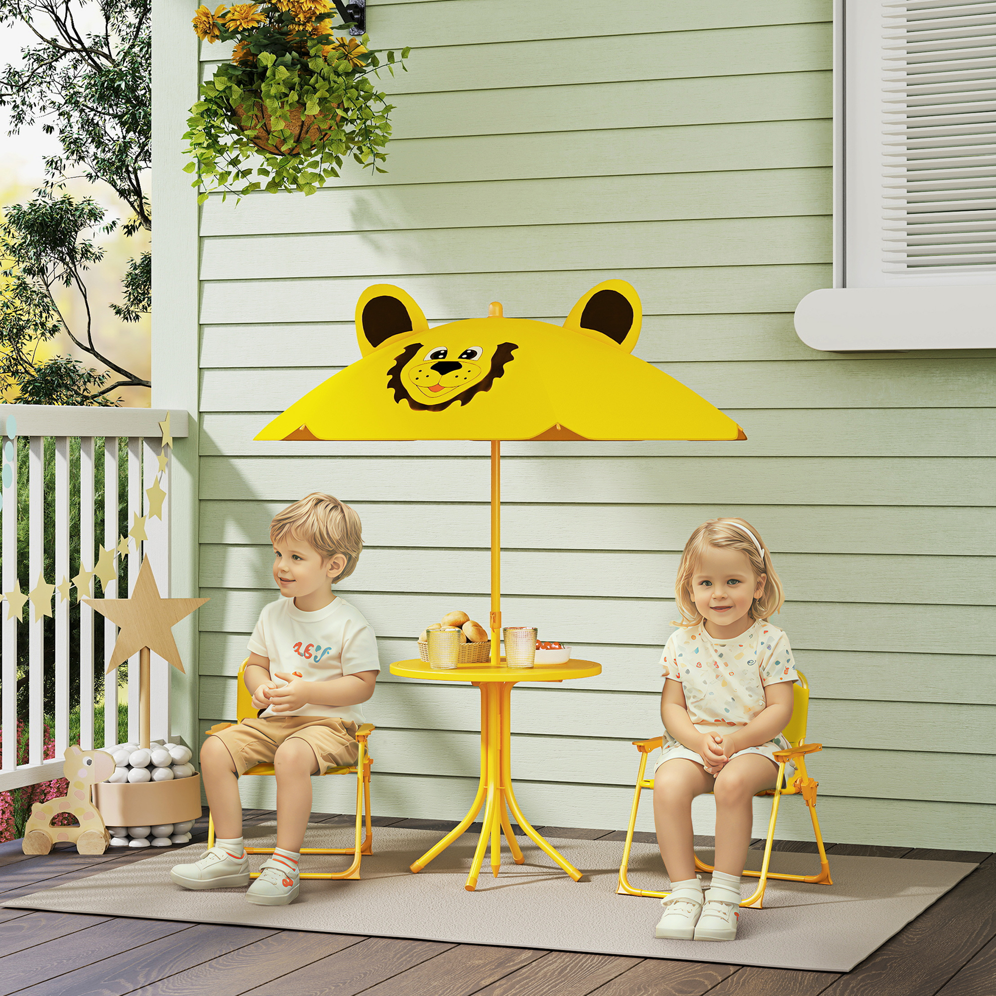 Set de Jardin Enfant 4 Pièces avec Parasol, Table Ronde et 2 Chaises Pliantes, D