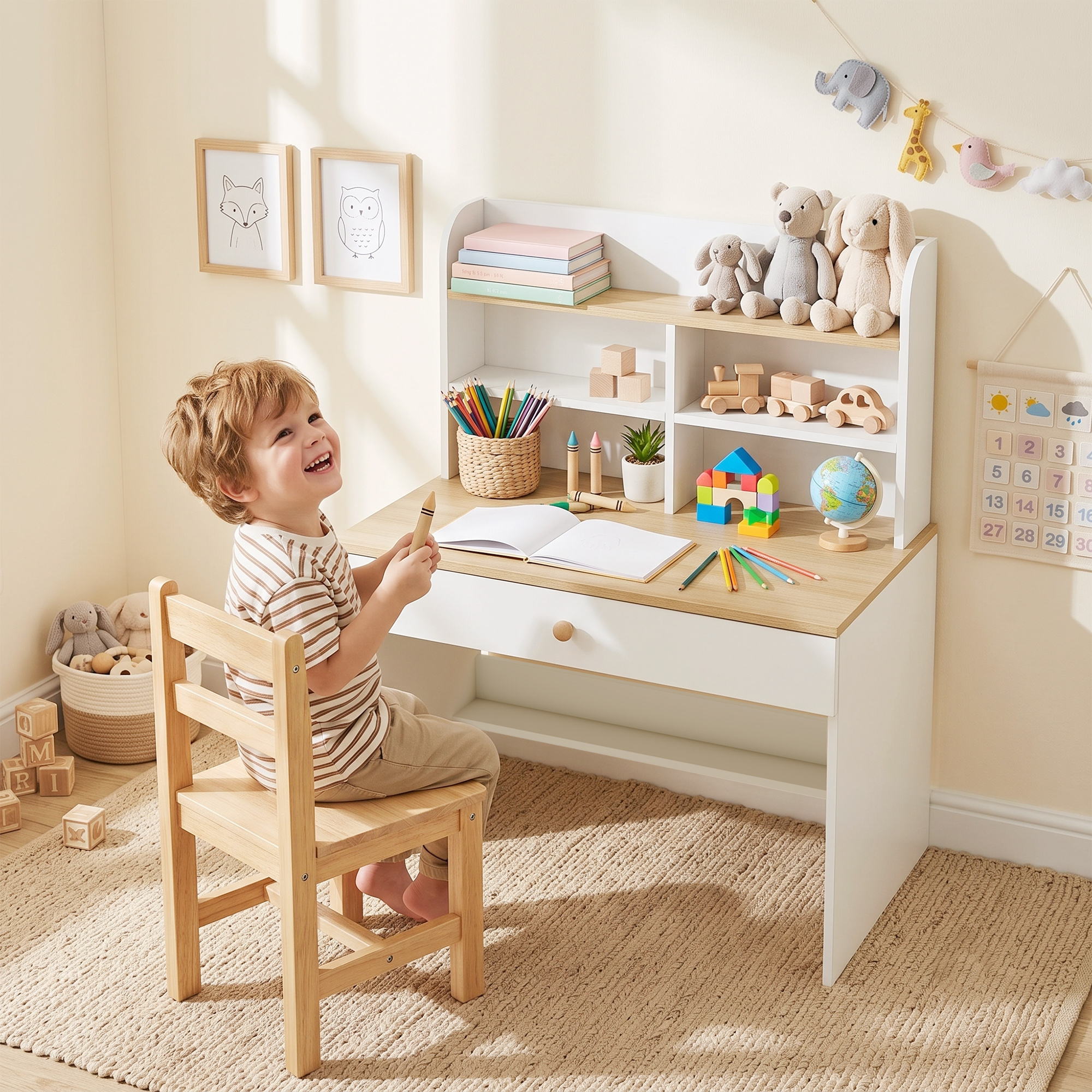 Bureau Enfant avec Étagère et Tiroir Profond, Table d'Apprentissage 80x50x100 cm