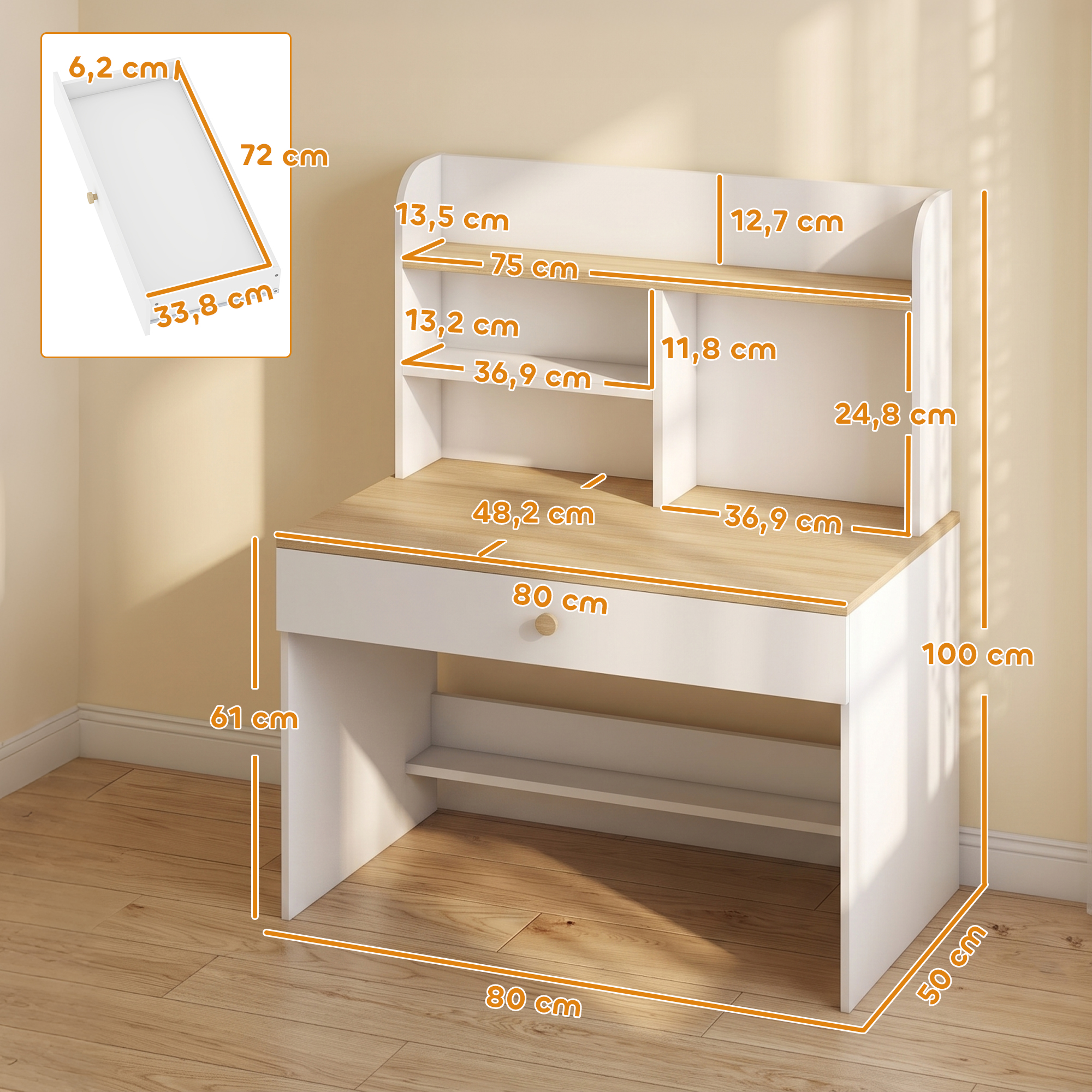 Bureau Enfant avec Étagère et Tiroir Profond, Table d'Apprentissage 80x50x100 cm