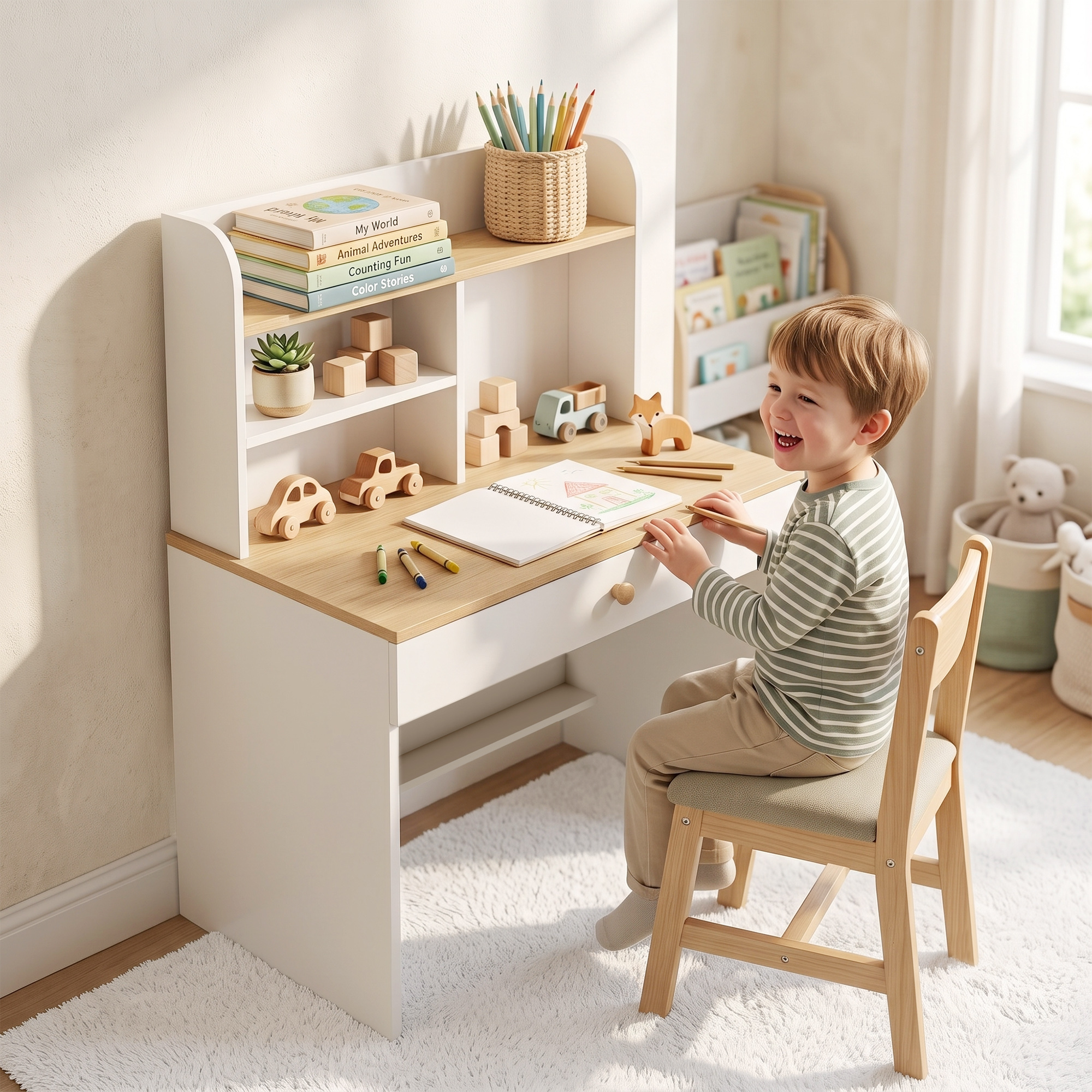 Bureau Enfant avec Étagère et Tiroir Profond, Table d'Apprentissage 80x50x100 cm