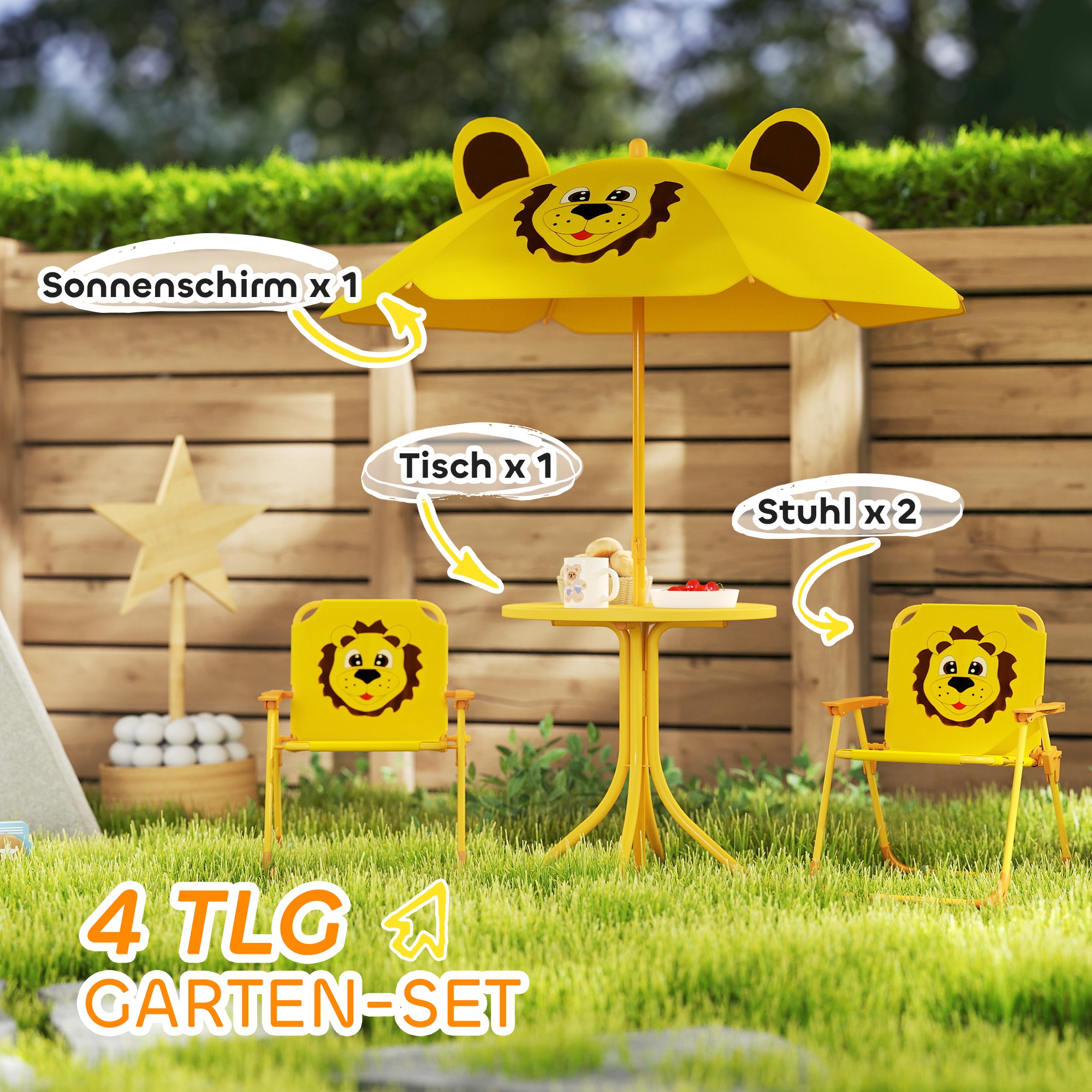 Set de Jardin Enfant 4 Pièces avec Parasol, Table Ronde et 2 Chaises Pliantes, D