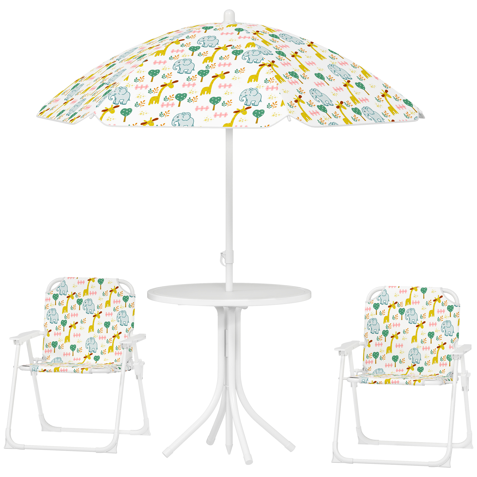 Set de Jardin Enfant 4 Pièces avec Parasol, Table Ronde et 2 Chaises Pliantes, M