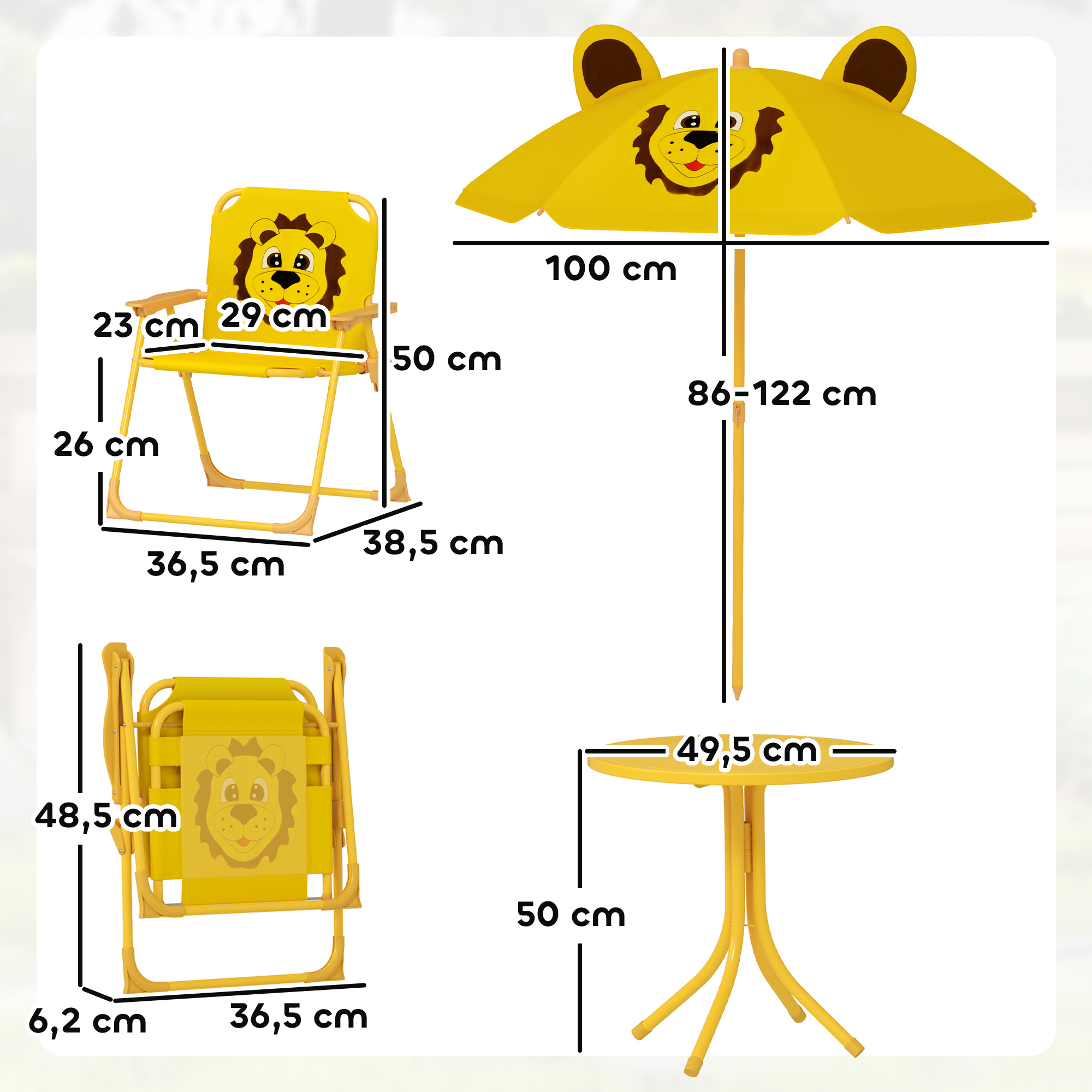 Set de Jardin Enfant 4 Pièces avec Parasol, Table Ronde et 2 Chaises Pliantes, D