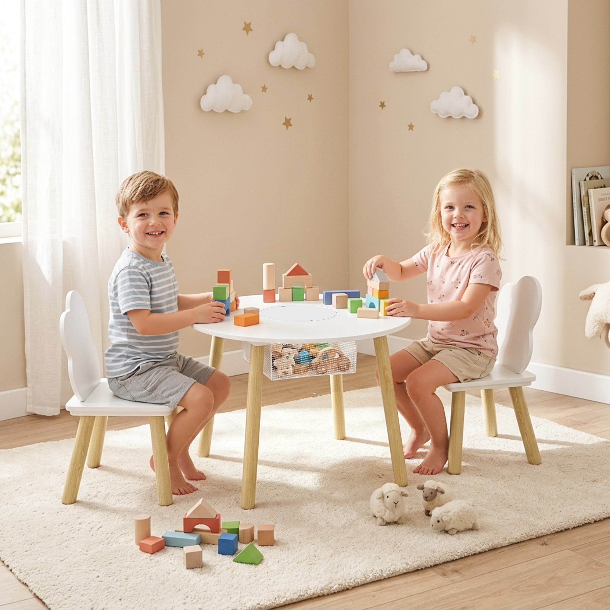 Table et 2 Chaises Enfant Design Nuage, Sac Filaire Central, Blanc et Rose, MDF