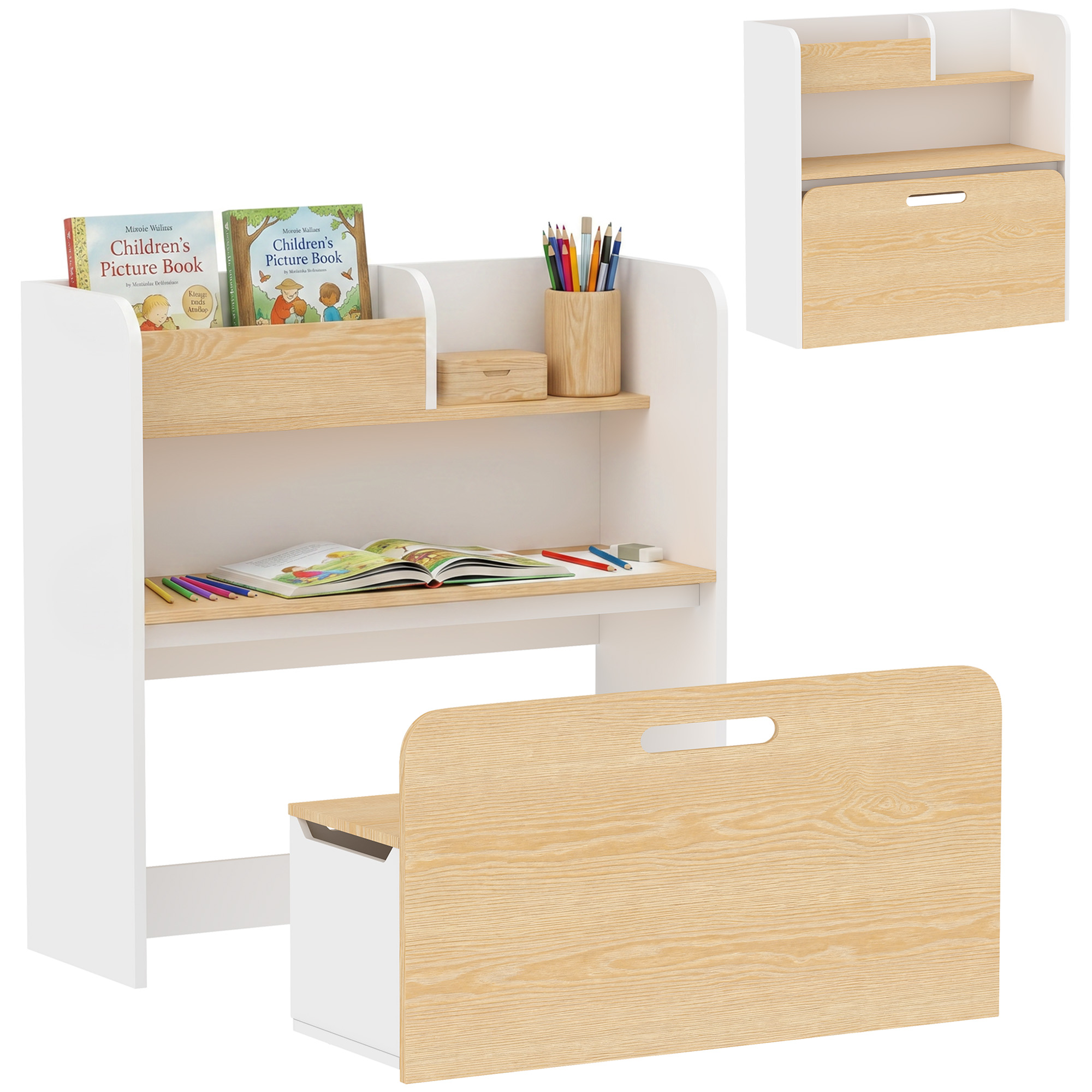 Bureau et Chaise Enfant 5-en-1, Bureau + Bibliothèque + Coffre + Banc Roulant +