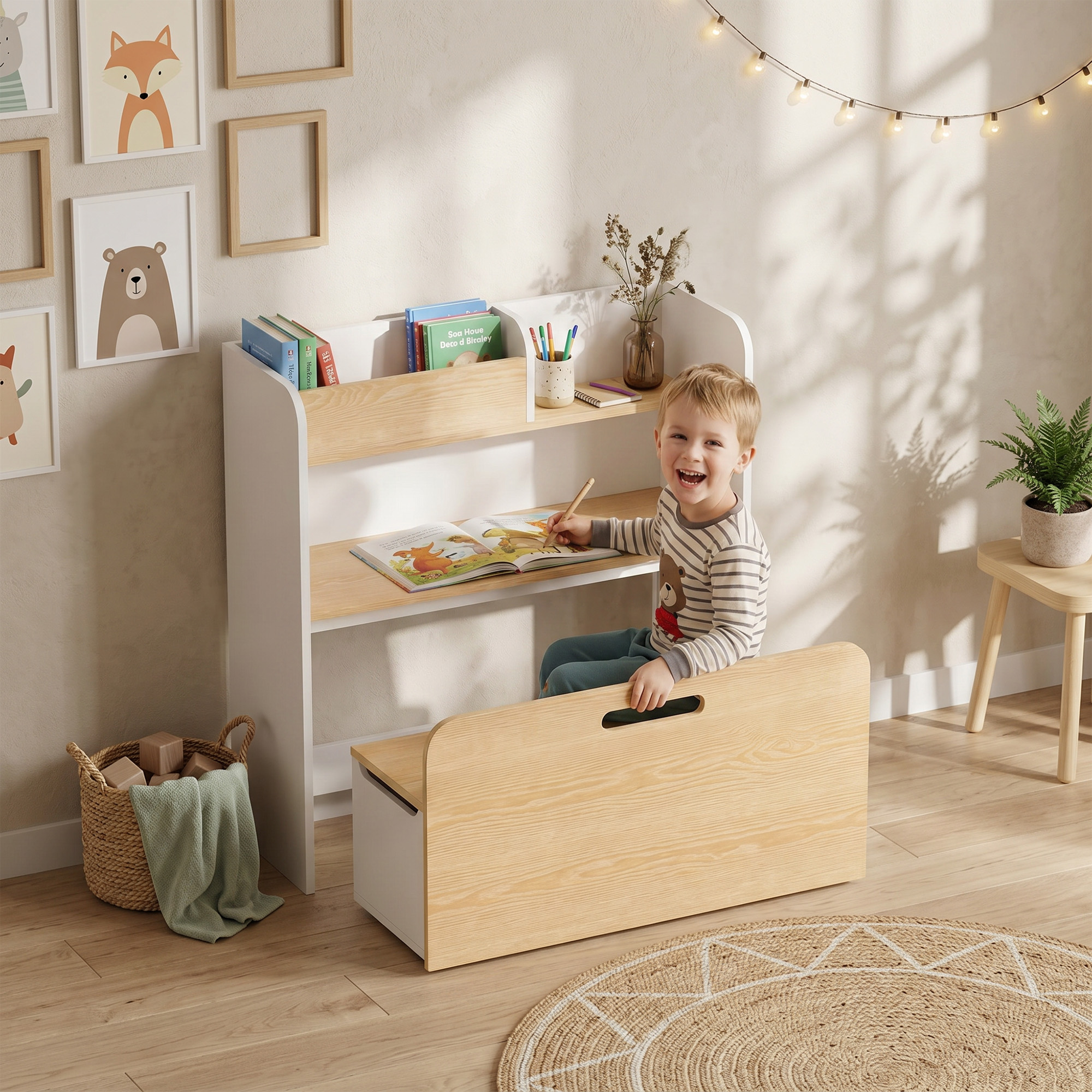 Bureau et Chaise Enfant 5-en-1, Bureau + Bibliothèque + Coffre + Banc Roulant +