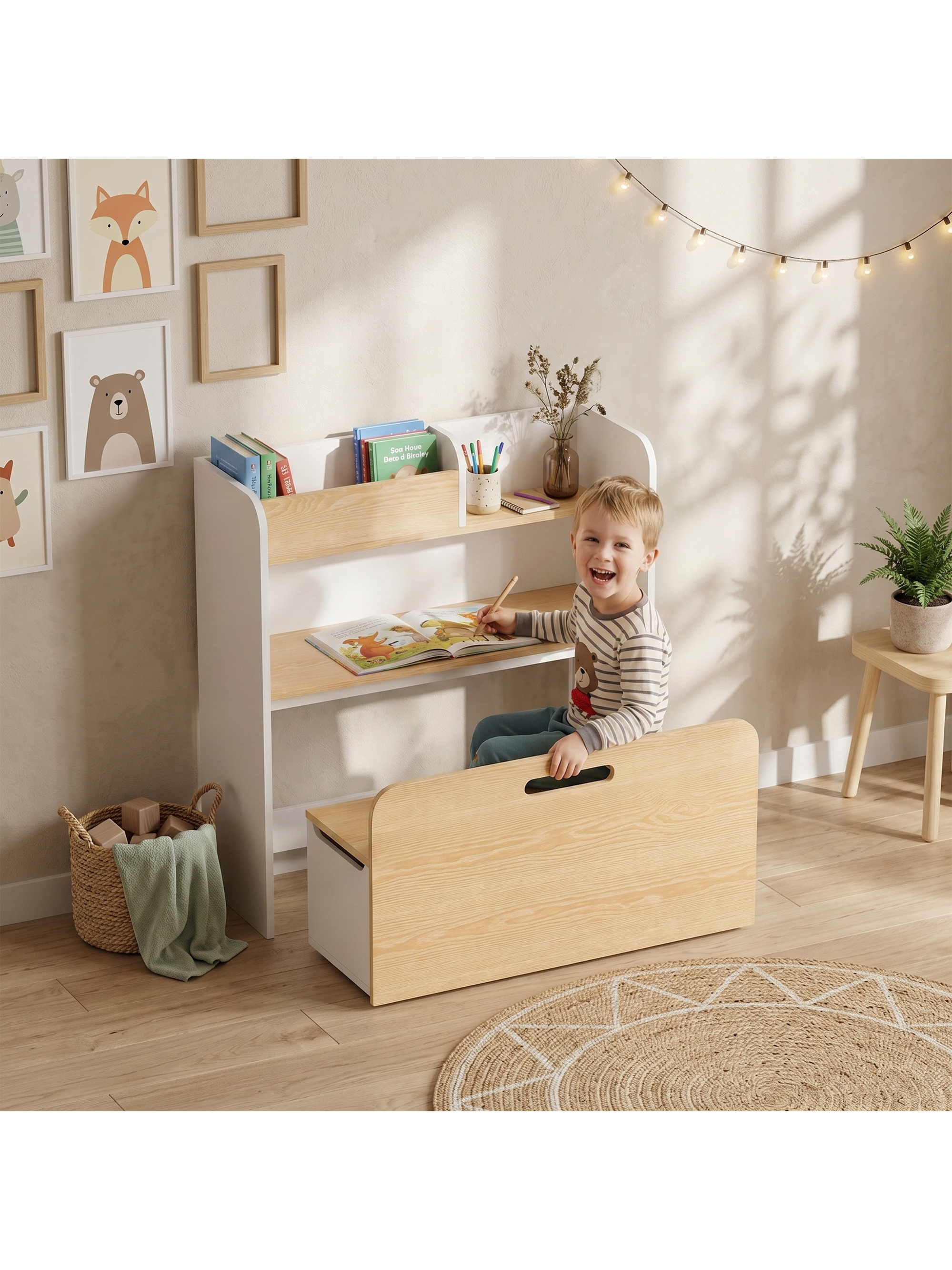 Bureau et Chaise Enfant 5-en-1, Bureau + Bibliothèque + Coffre + Banc Roulant +