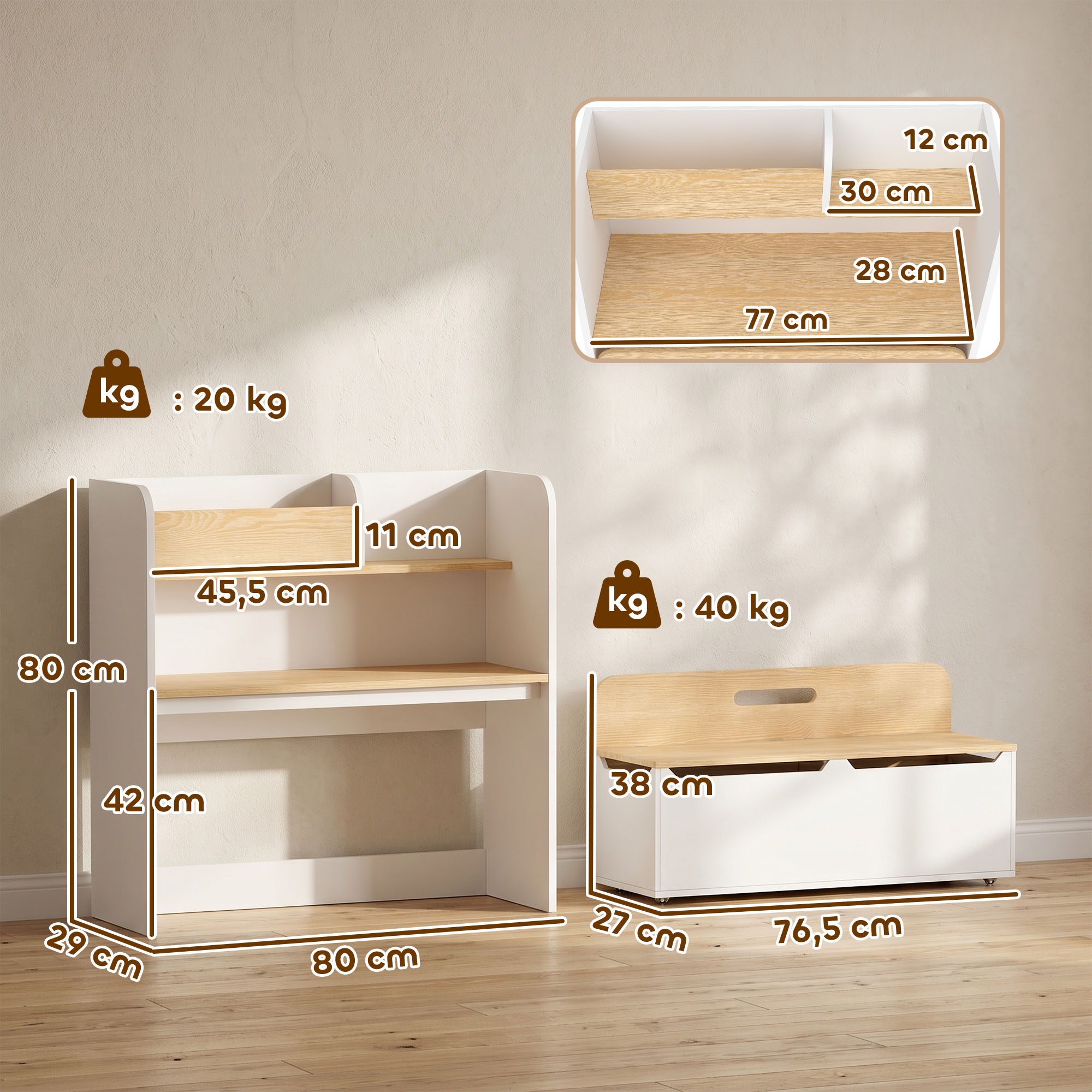 Bureau et Chaise Enfant 5-en-1, Bureau + Bibliothèque + Coffre + Banc Roulant +