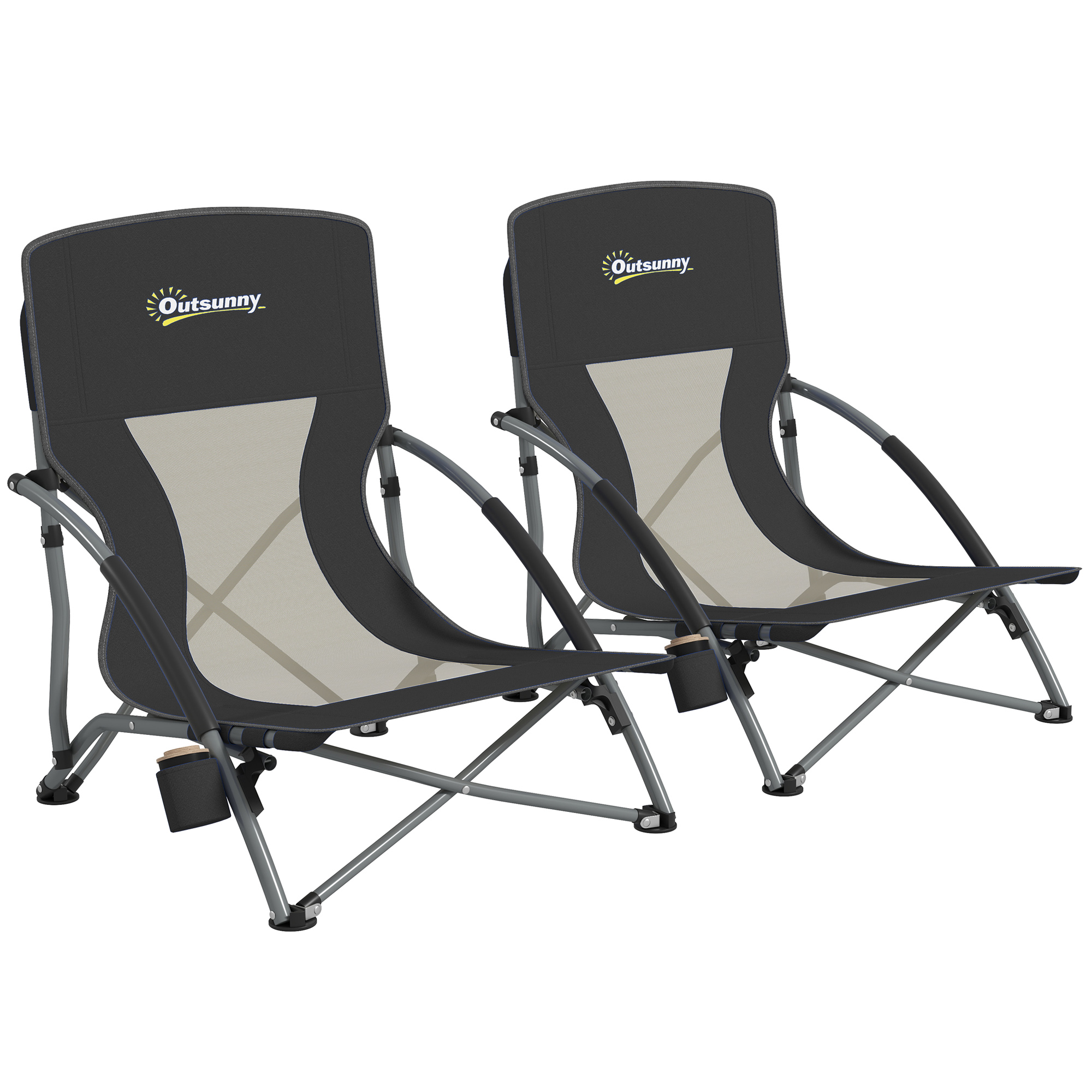 Set of 2 Folding Beach Chairs with Mesh Back, Carry Bag and Cup Holder for Outdoor Camping Lawn Sports Picnic, Black