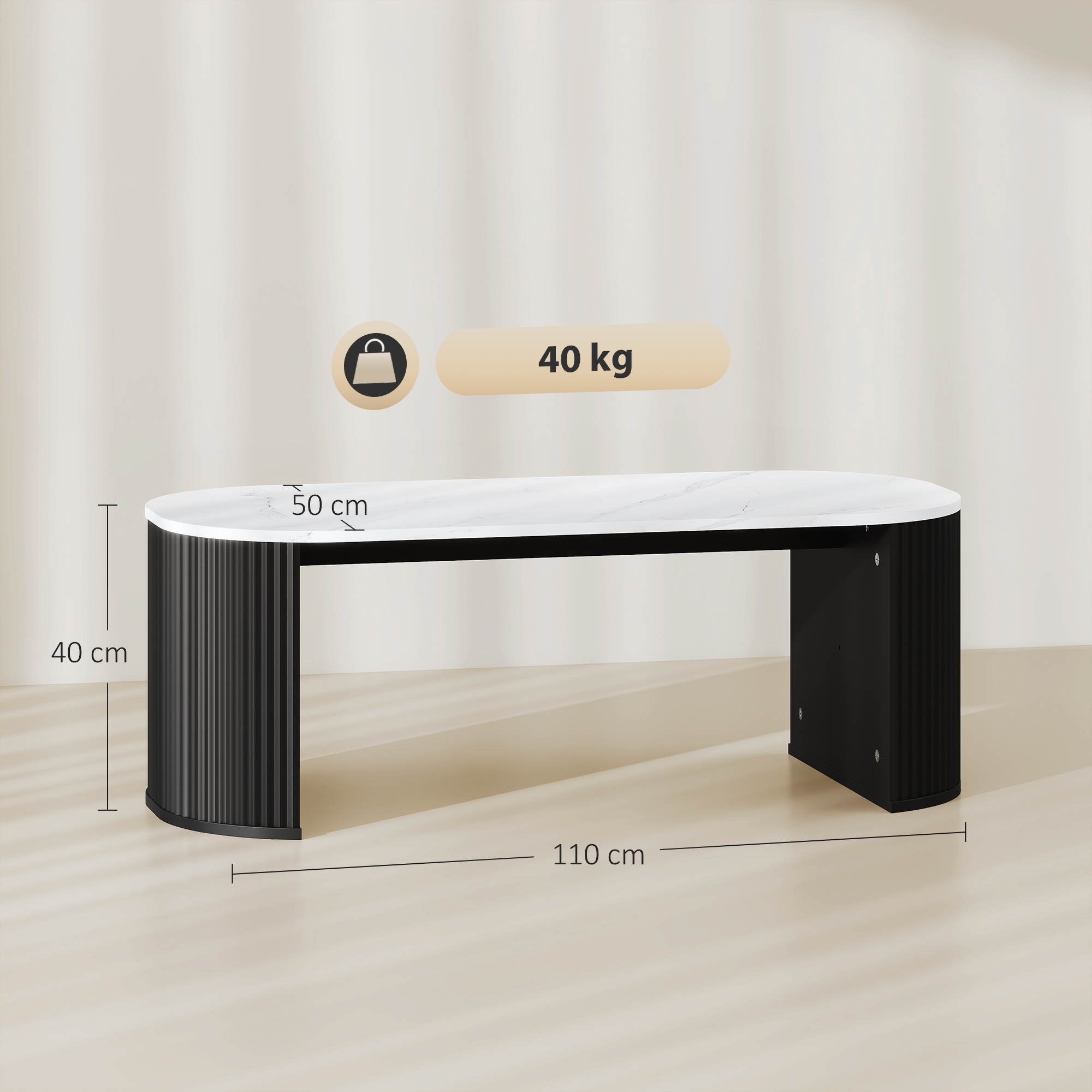 Ovaler Couchtisch, Beistelltisch, Marmoroptik, abgerundete Ecken, dicke Beine, 110 x 50 x 40 cm, Schwarz_voghion.com