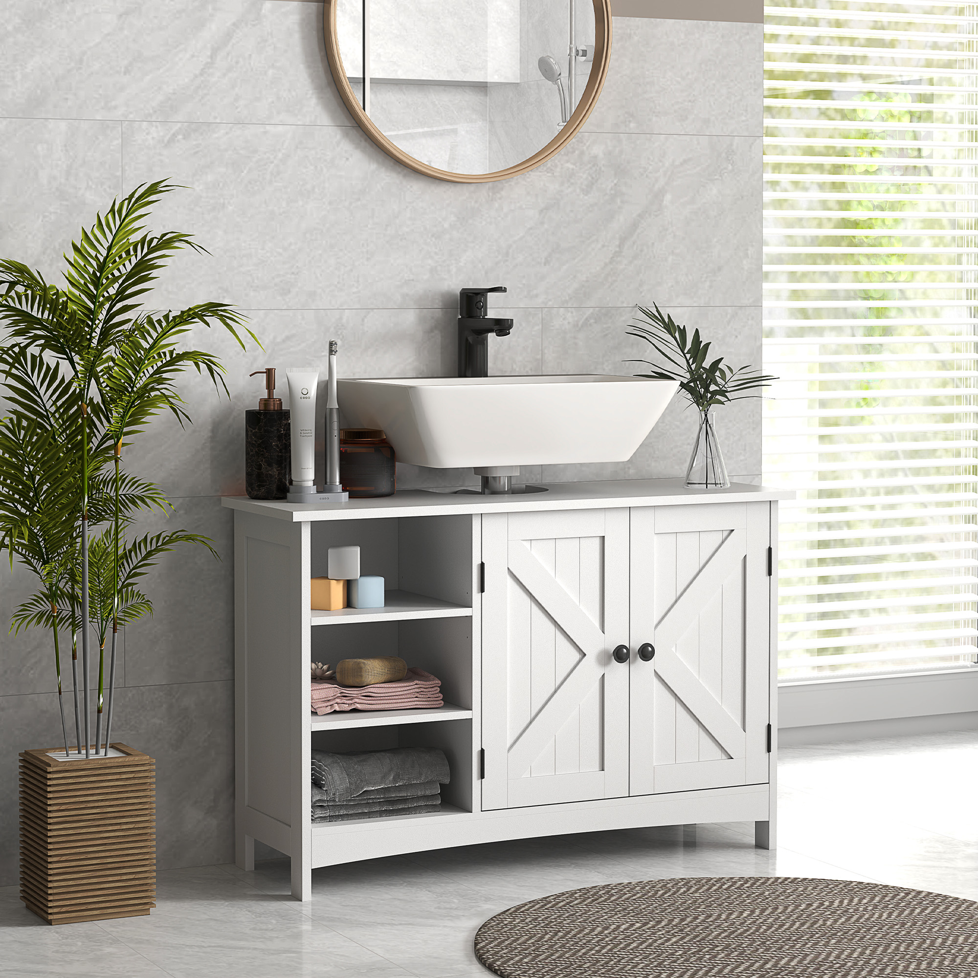 Bathroom Floor Cabinet With Two Doors And Adjustable Shelves White_voghion.com
