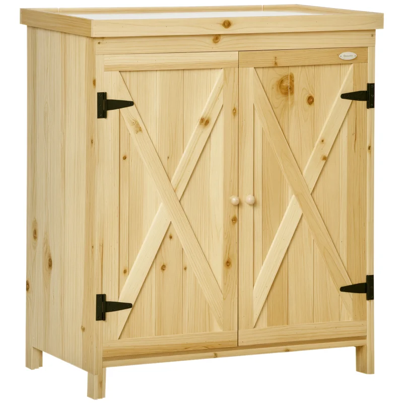 Garden Storage Cabinet, Outdoor Tool Shed with Galvanized Top and Two Shelves for Yard Tools or Pool Accessories, Natural