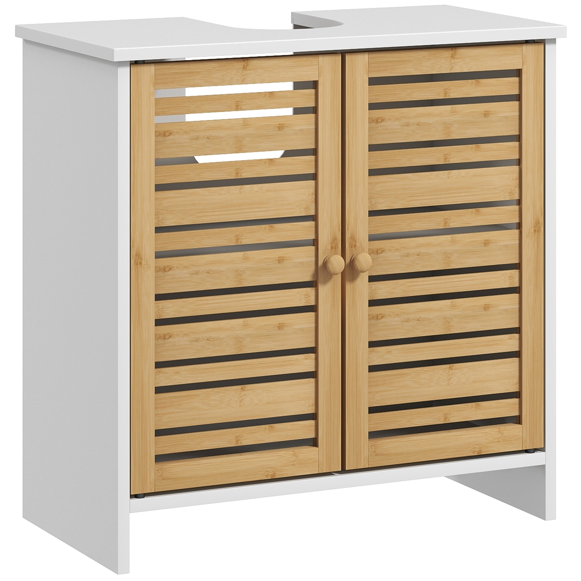 Mueble Para Debajo Del Lavabo Moderno Con Puertas Magnéticas De Bambú Y Estante Ajustable 60x30x60 Cm Blanco Y Natural_voghion.com