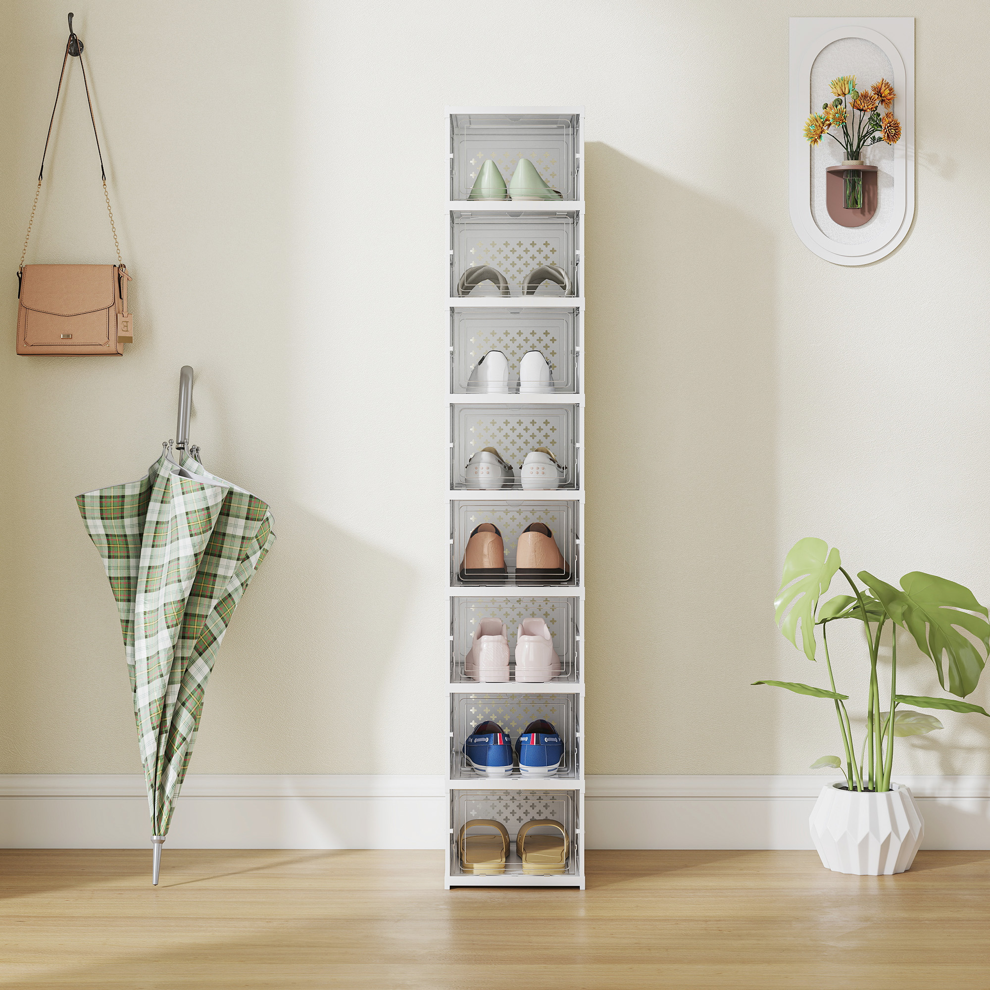 Set mit 8 faltbaren, stapelbaren Schuhboxen aus Kunststoff mit Deckel, für Schuhgrößen bis 43, weiß_voghion.com