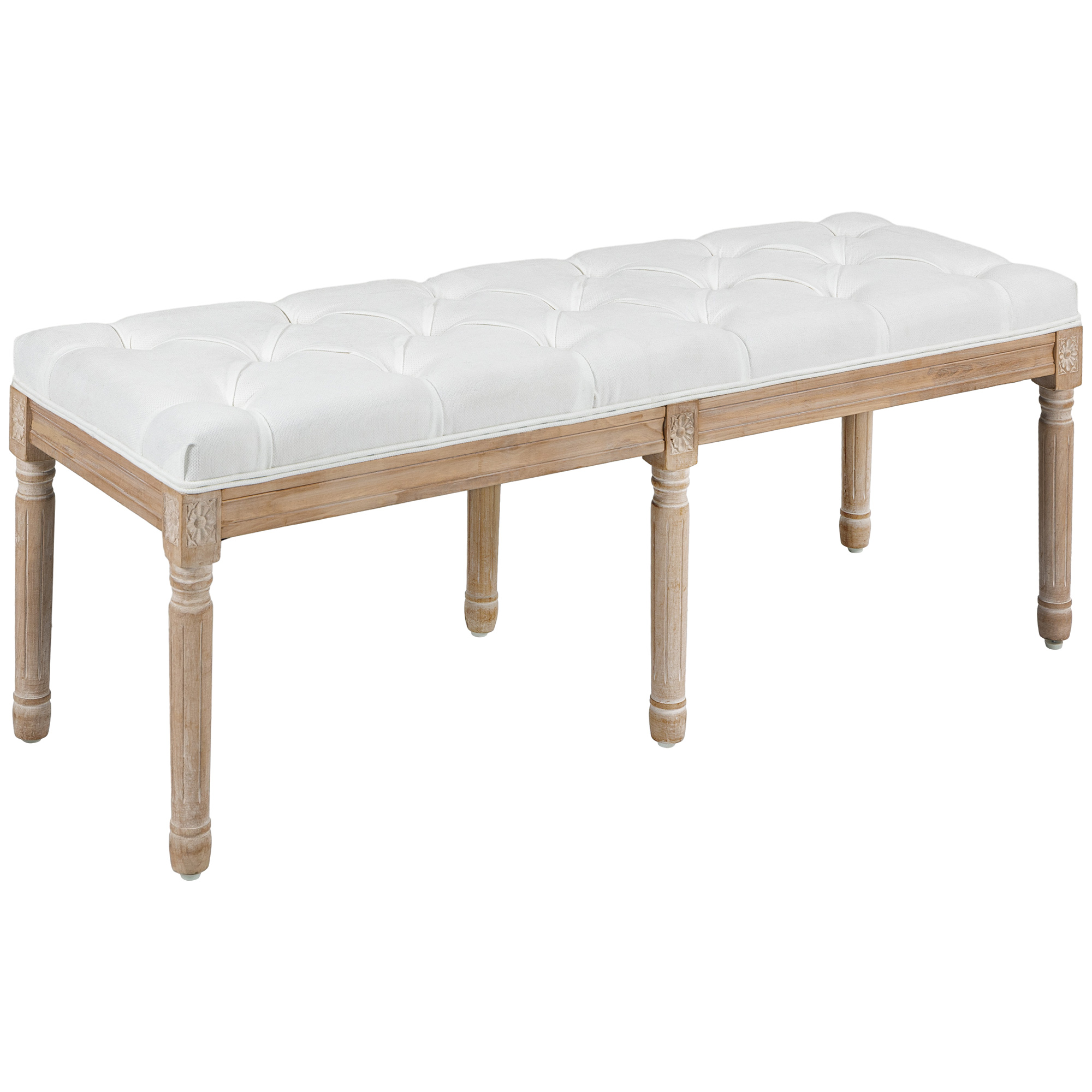 46" Linen Upholstered Bedroom Bench, French End of Bed Bench with Thick Padded Cushion and Wooden Legs, Cream White