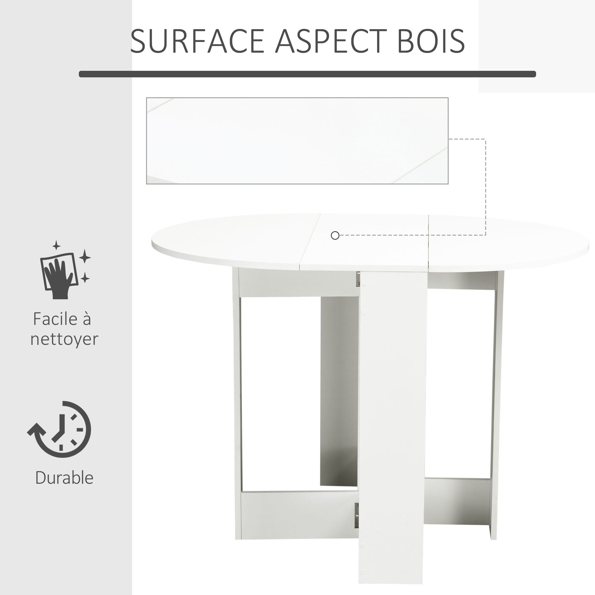 Klappbarer Küchen-Esstisch mit 2 Klappen – Ausziehbarer ovaler Tisch – 104 x 76 x 73,7 cm (L x T x H), weißes Holz_voghion.com