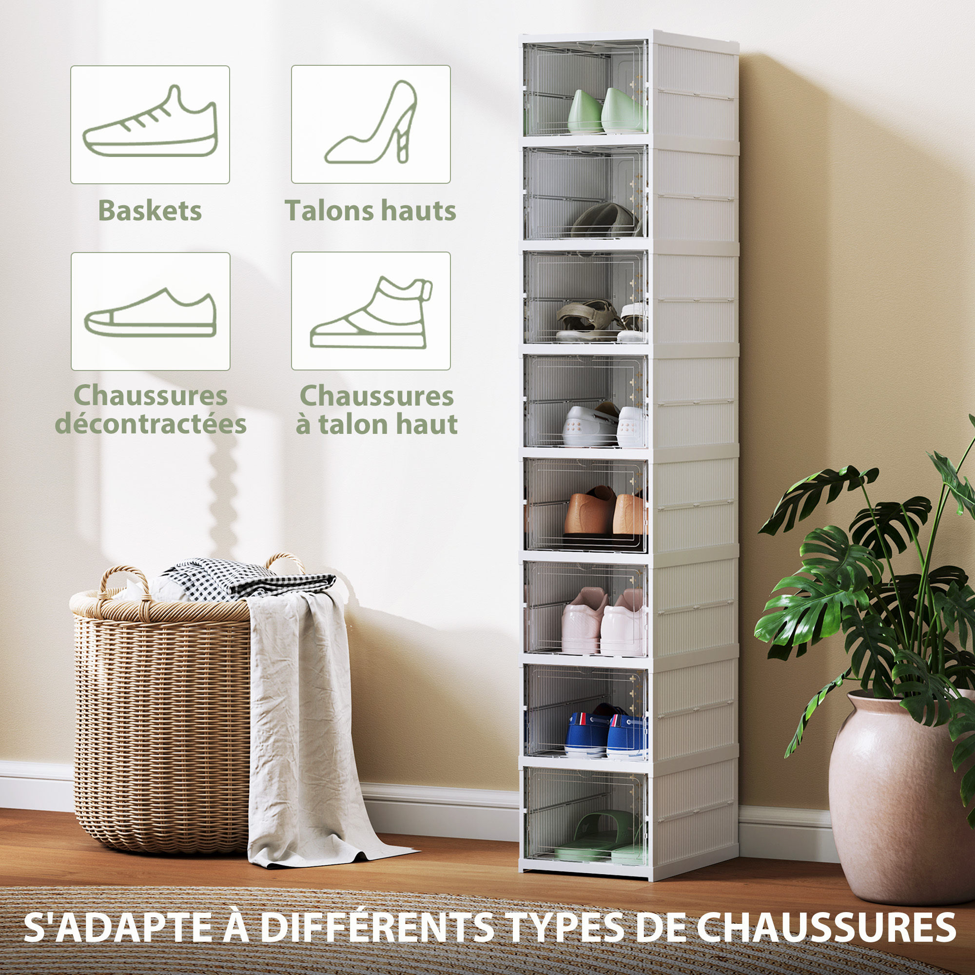 Set mit 8 faltbaren, stapelbaren Schuhboxen aus Kunststoff mit Deckel, für Schuhgrößen bis 43, weiß_voghion.com